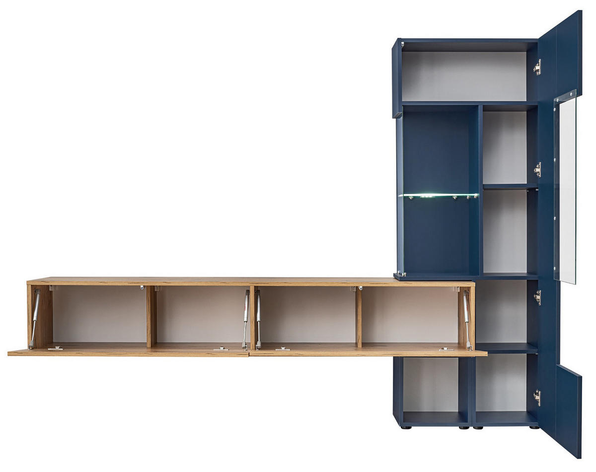 WOHNWAND Zinneiche, blau 210 cm, Schrankwand inklusive Beleuchtung - Blau/Eichefarben, Glas/Holzwerkstoff (210/162/40cm) - Furn.Design