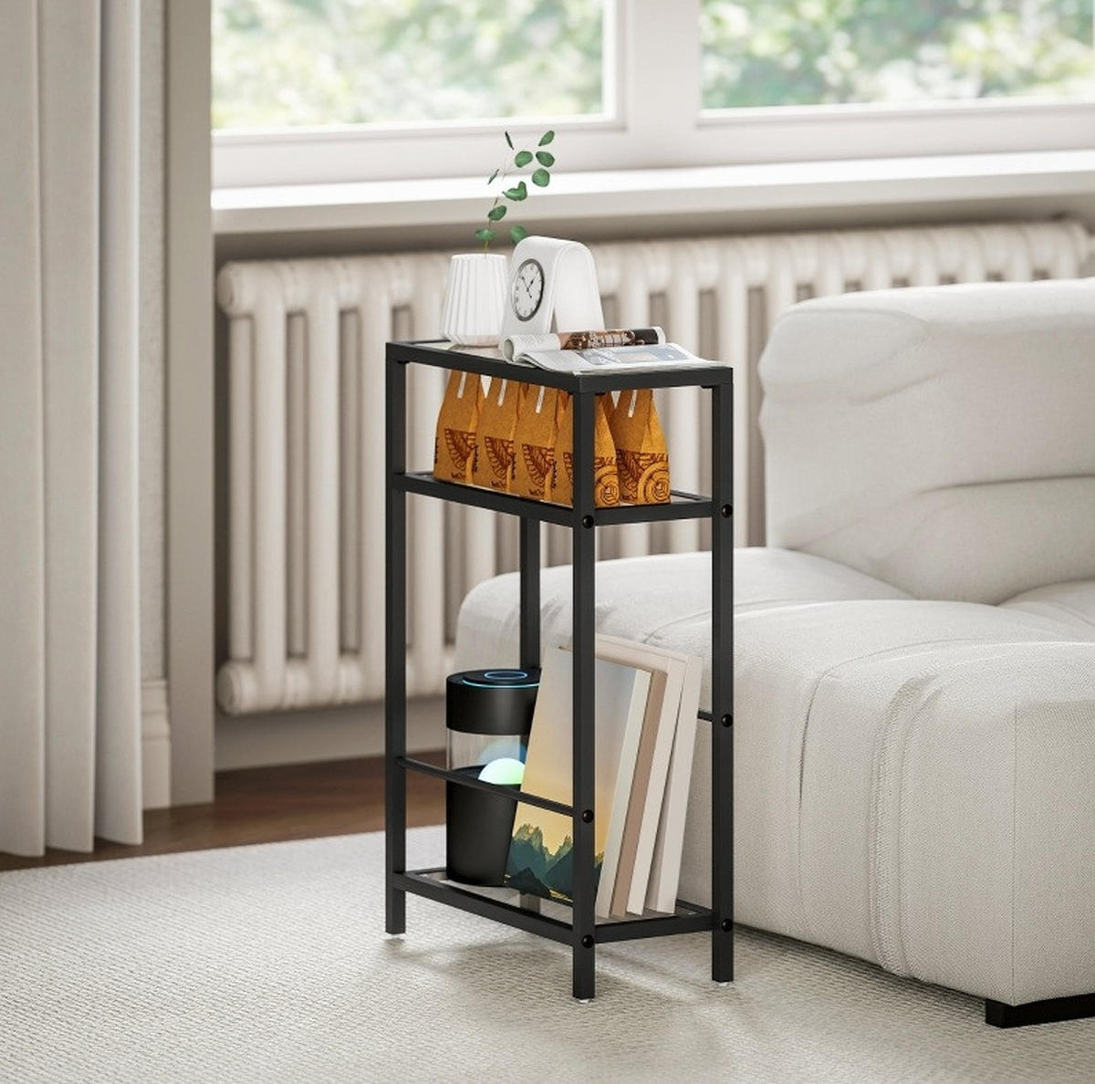 BEISTELLTISCH aus Glas 18x40x62 cm Schwarz mit 3 Ebenen, platzsparendem Design und verstellbaren Querstangen - Schwarz, Glas (40/18/62cm) - Modfu