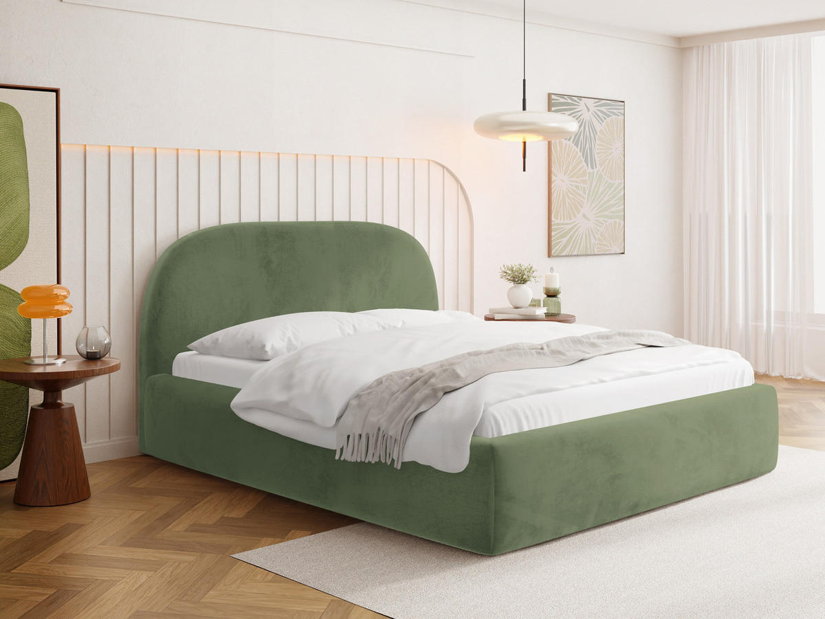 POLSTERBETT Puro mit Bettkasten, Salbeigrün Samt 140 x 200 cm – mit Metall-Lattenrost - Salbeigrün/Birkefarben, Kunststoff/Textil (140/200cm) - WFL GROUP