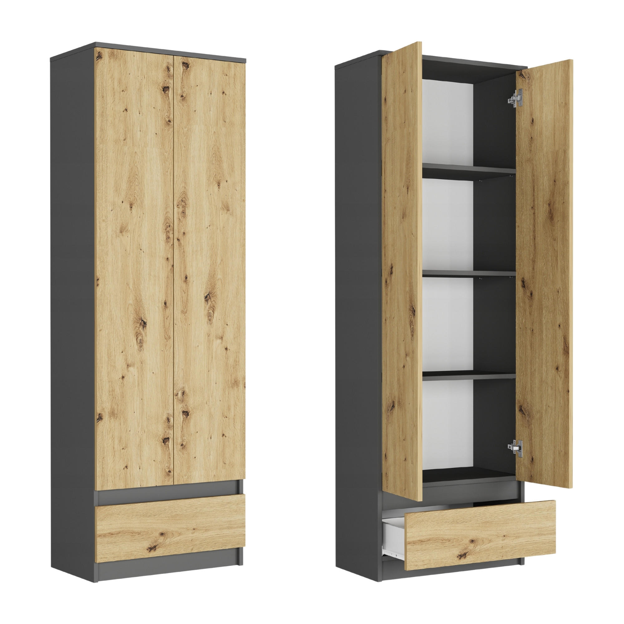 KLEIDERSCHRANK mit 2 Türen, 3 Einlegeböden, und 1 Schubkasten in anthrazit / artisan - Anthrazit/Eiche Artisan, Holzwerkstoff (60/180/35cm) - Home Collective