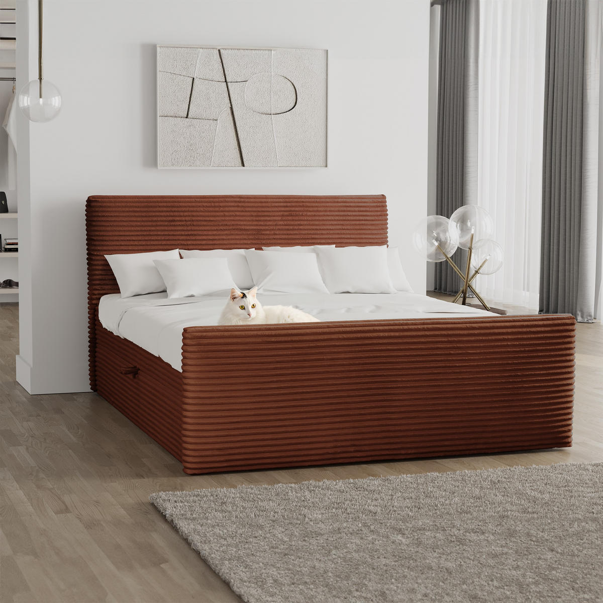 BOXBETT Mit Bettkasten Und Topper TRENTO Stoff Plüsch Cord 160x200 cm Kupfer H2-Pocket - Kupferfarben, Holz/Textil (160/200cm) - Kaiser Möbel