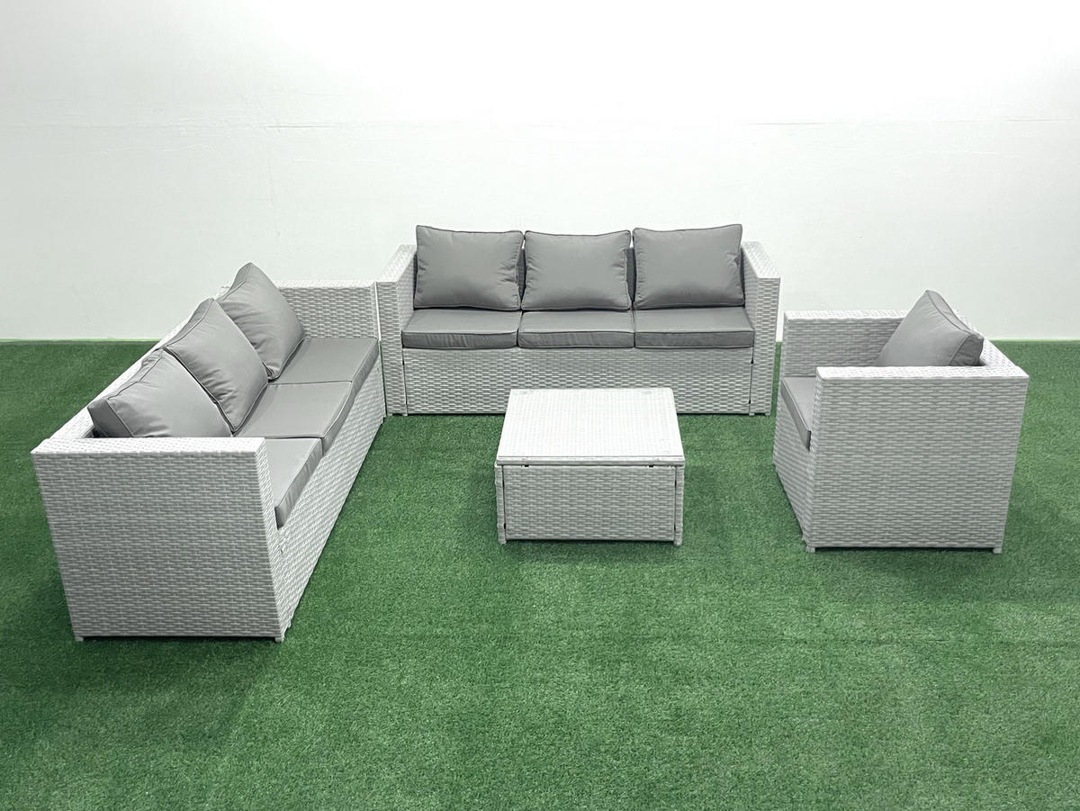 GARTENMÖBEL-SET mit Kissen Polyrattan Hellgrau-Mix 7-Sitzer - Hellgrau/Grau, Glas/Kunststoff - Fimous