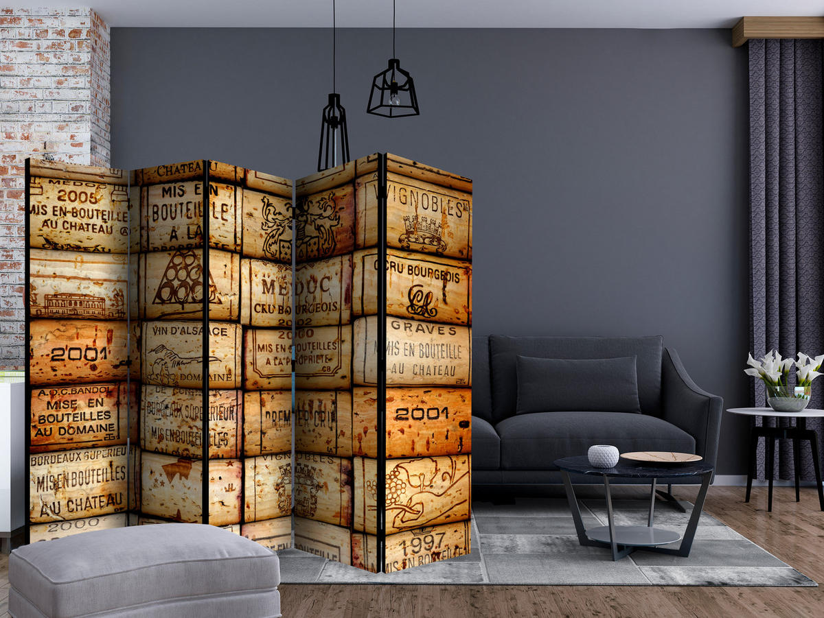 PARAVENT Akustik 5-tlg 225x172 cm Weinkorken Vintage-Stil - Multicolor, Holz/Textil (225/172/3cm) - Muralo