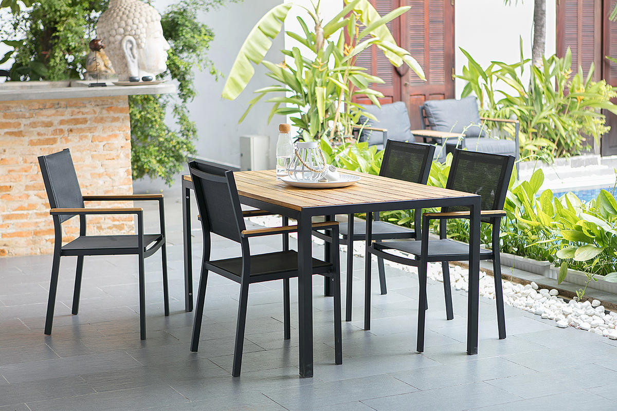 GARTENTISCH - Akazie massiv / Aluminium - Schwarz/Braun, Holz (90/150/73cm) - home24