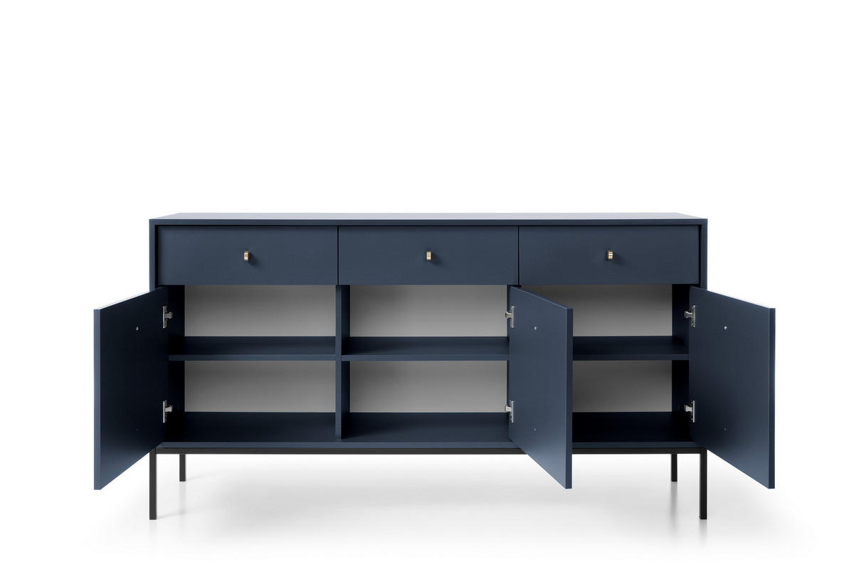 KOMMODE Molly Dunkelblau, Schwarze Beine, Dreitürige mit Schubladen - Schwarz/Dunkelblau, Holzwerkstoff/Metall (154/83/39cm) - Bettso