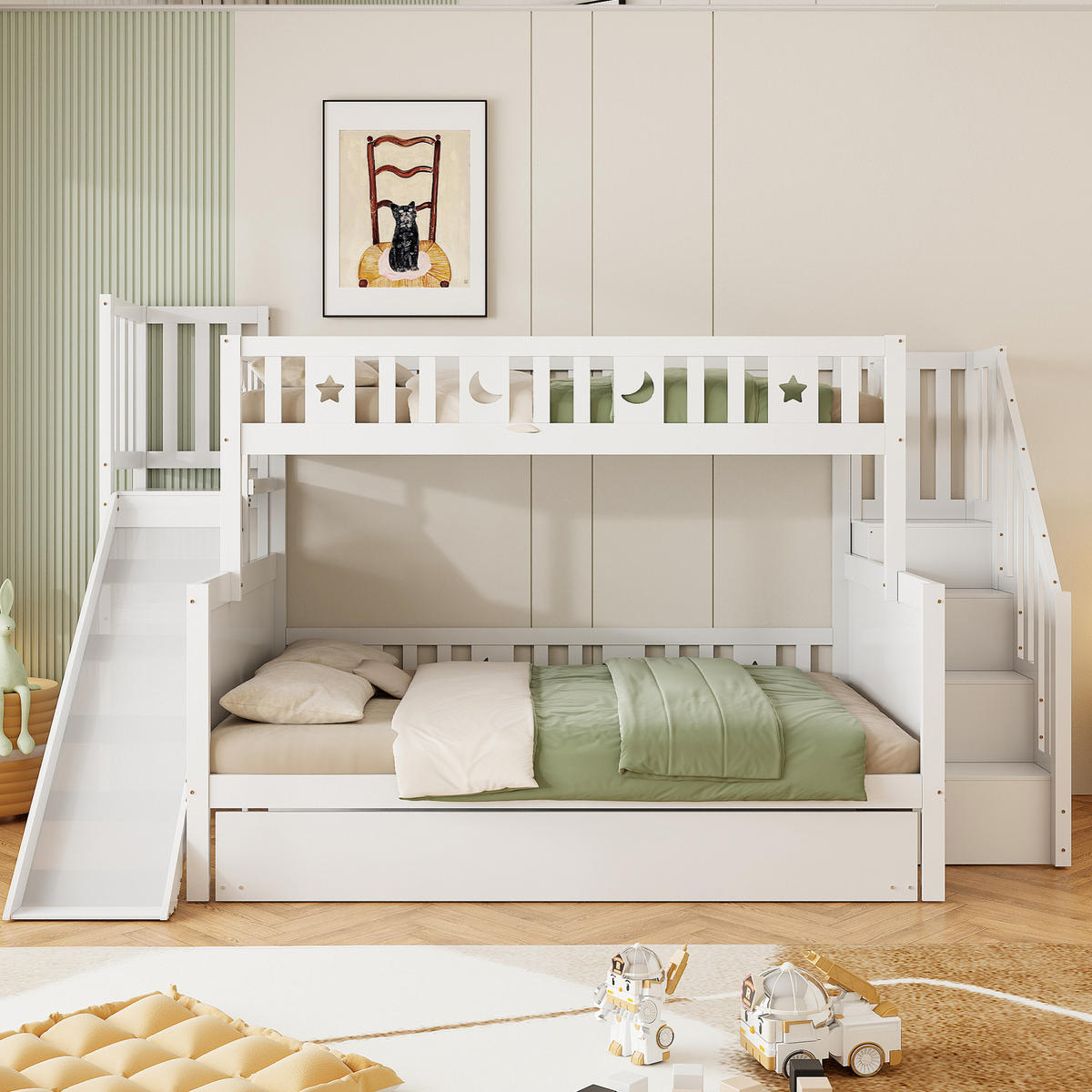 ETAGENBETT 90/200 cm und 140/200 cm Weiß mit Sicherheitsrutsche und Regal - Weiß, Holz (90/200cm) - OKWISH