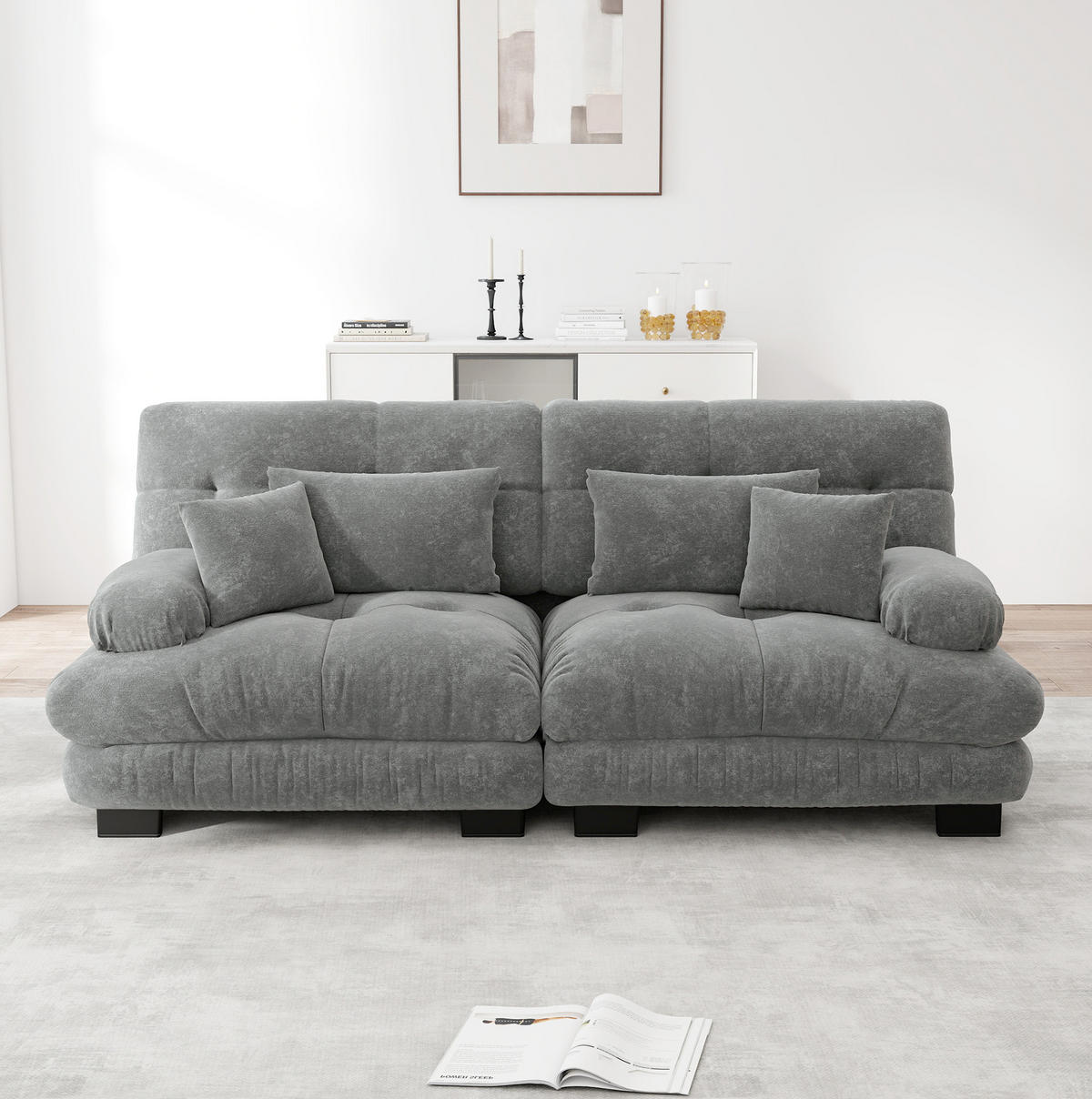 SOFA in Grau aus Chenille mit modularen Elementen - Grau, Textil (77/81/220cm) - Flora Grace