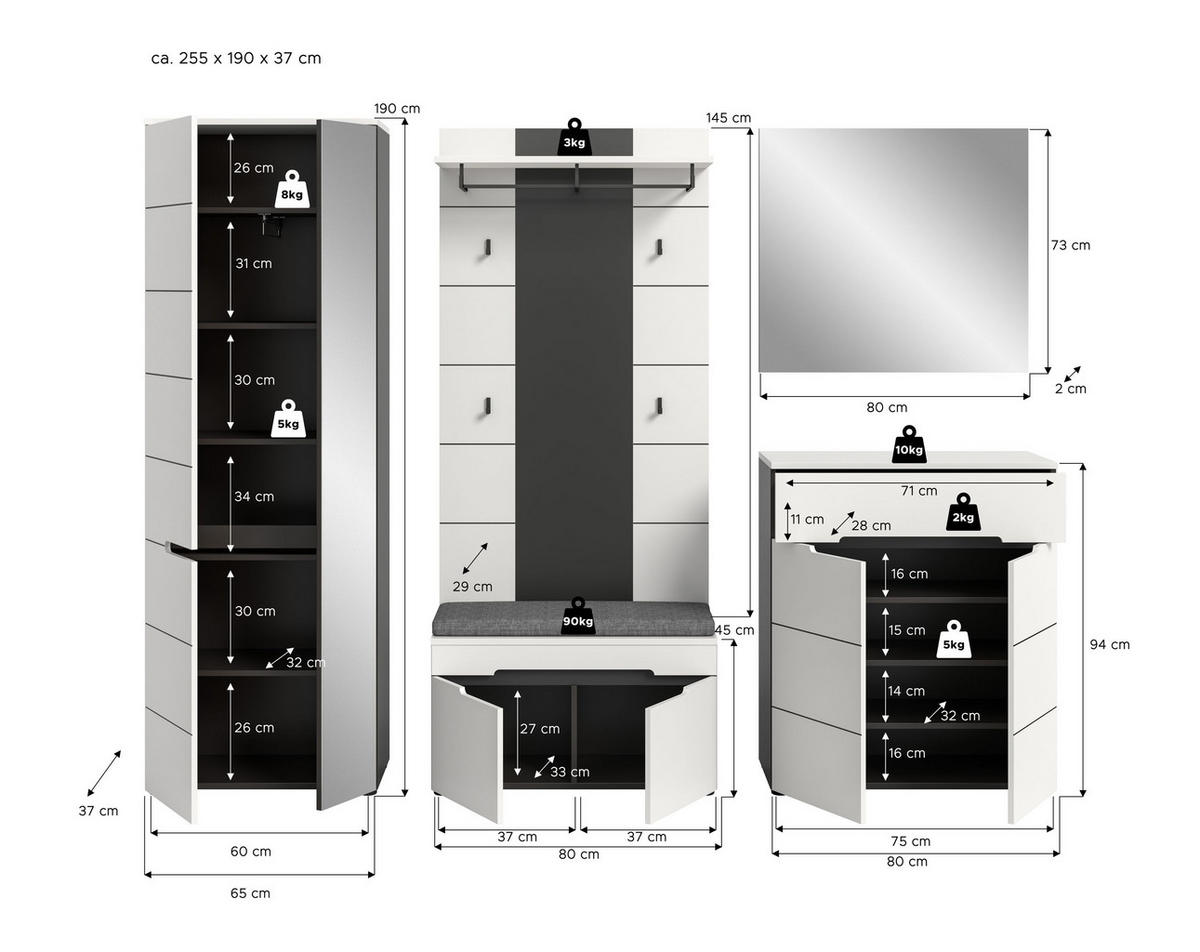 GARDEROBEN-SET inkl. Sitzkissen CANU 6-tlg. (B/H/T: ca. 255/190/37 cm) in Basalt grau/weiß - Grau, Holzwerkstoff (255/190/37cm)