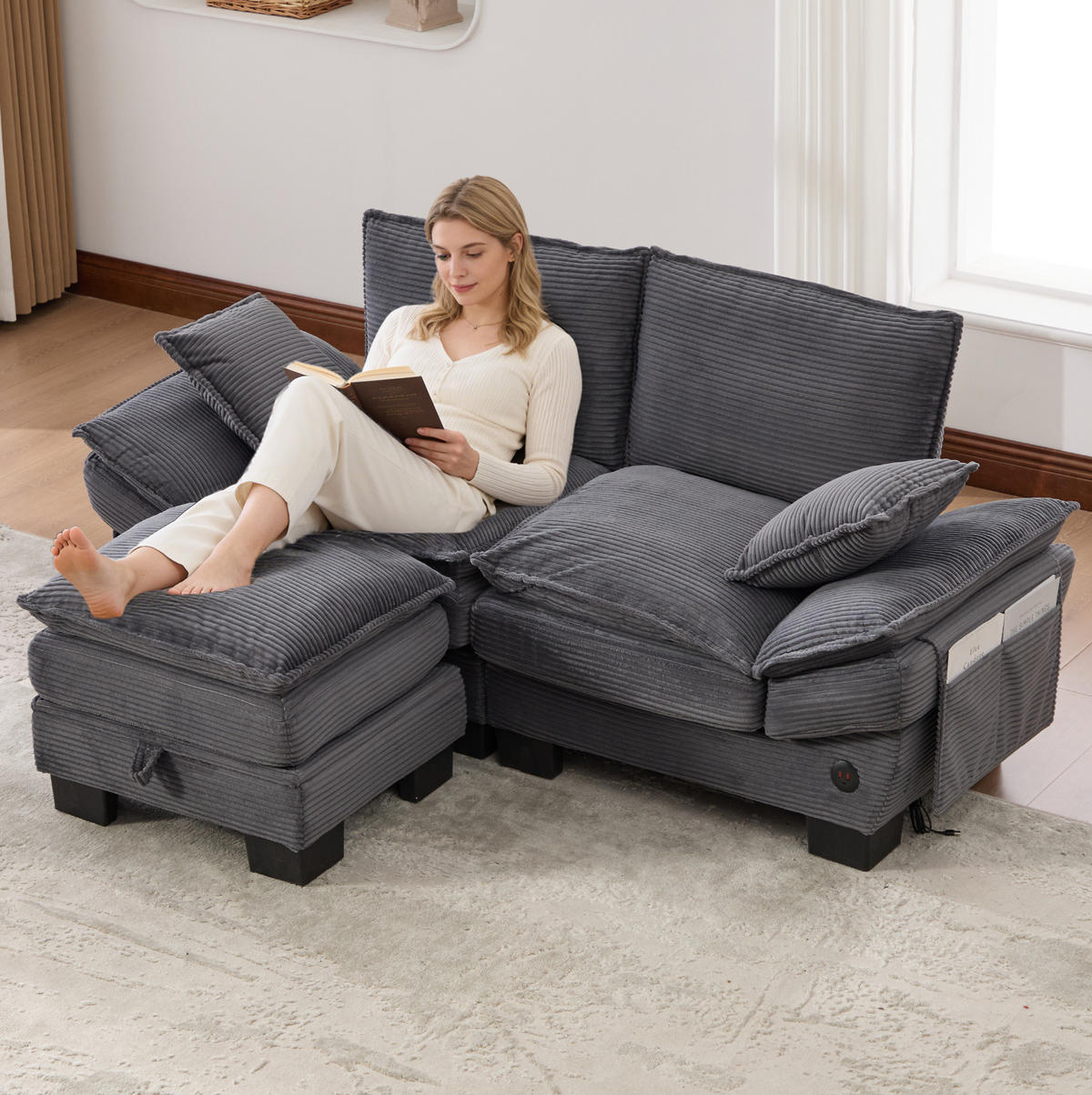 ECKSOFA aus Cord 190x132x84 cm in Dunkelgrau mit Hocker & USB-C - Dunkelgrau, Textil (132/190cm) - Modfu