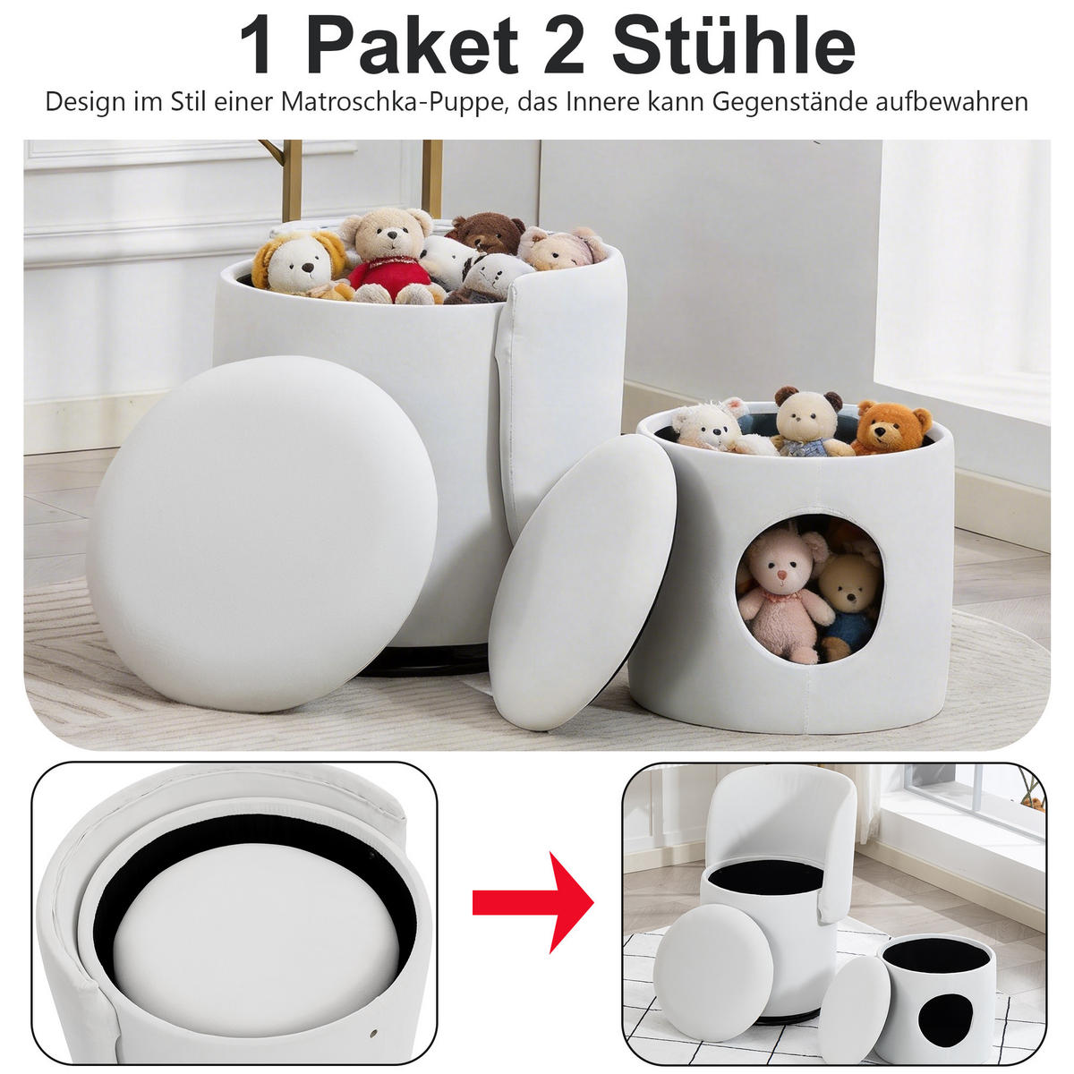SESSEL Samt Weiß drehbar, Stauraum und mit Hocker - Beige, Holzwerkstoff/Textil (48/75/52cm) - WISHDOR