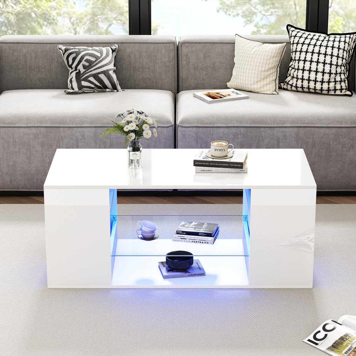 COUCHTISCH 96/45/45 cm hochglänzend mit LED-Beleuchtung und Glasplatte - Weiß, Holzwerkstoff (45/45/96cm) - OKWISH