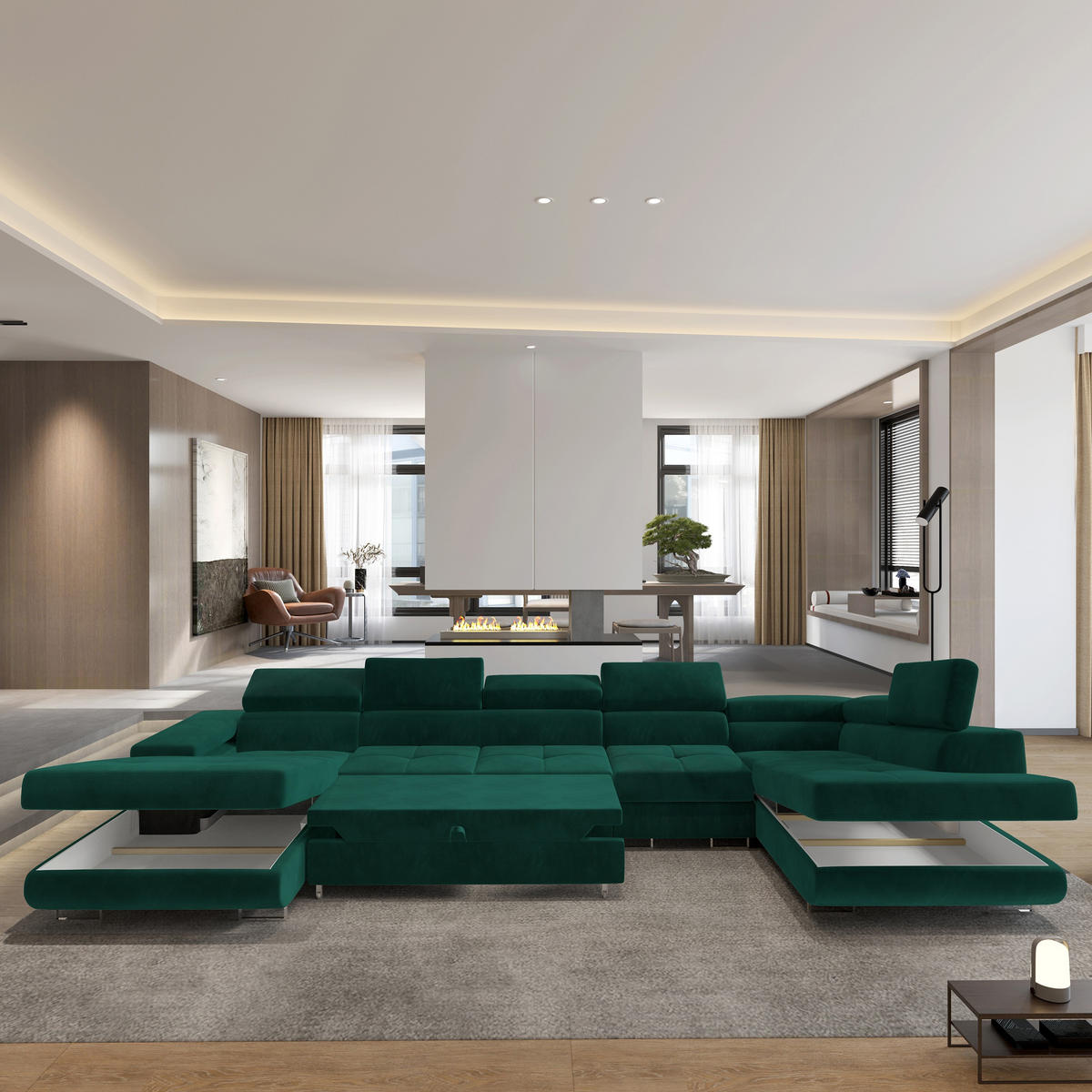 WOHNLANDSCHAFT VELORA R-S Grün Velours-Stoff mit Schlaffunktion - Grün, Holz (419/90/202cm) - MASSENO