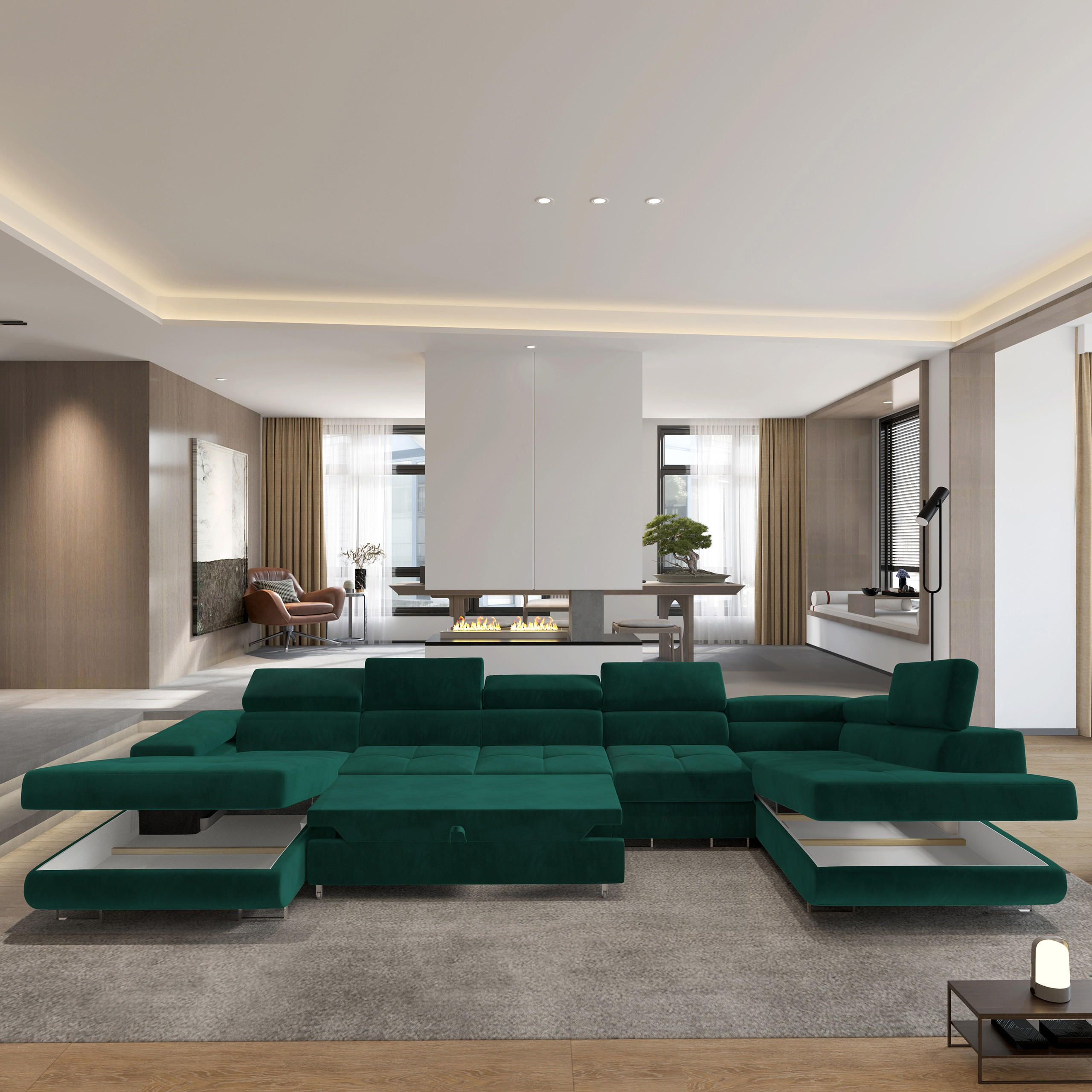 Thumbnail - Masseno Wohnlandschaft, Grün, Holz, 6-Sitzer, U-Form, 419x90x202 cm, Wohnzimmer, Sofas & Couches, Wohnlandschaften, Wohn...