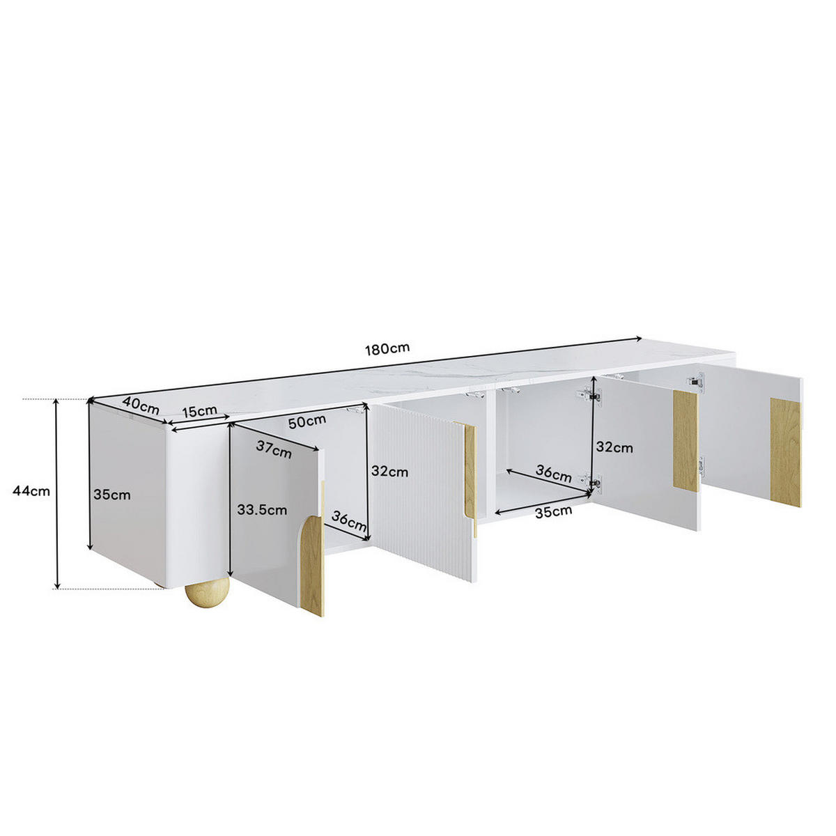 TV-SCHRANK 180cm Weiß 4 Türen Marmoroptik kugelförmige Holzfüße - Weiß, Holz (43.99/35.18/50.8cm) - FLIEKS