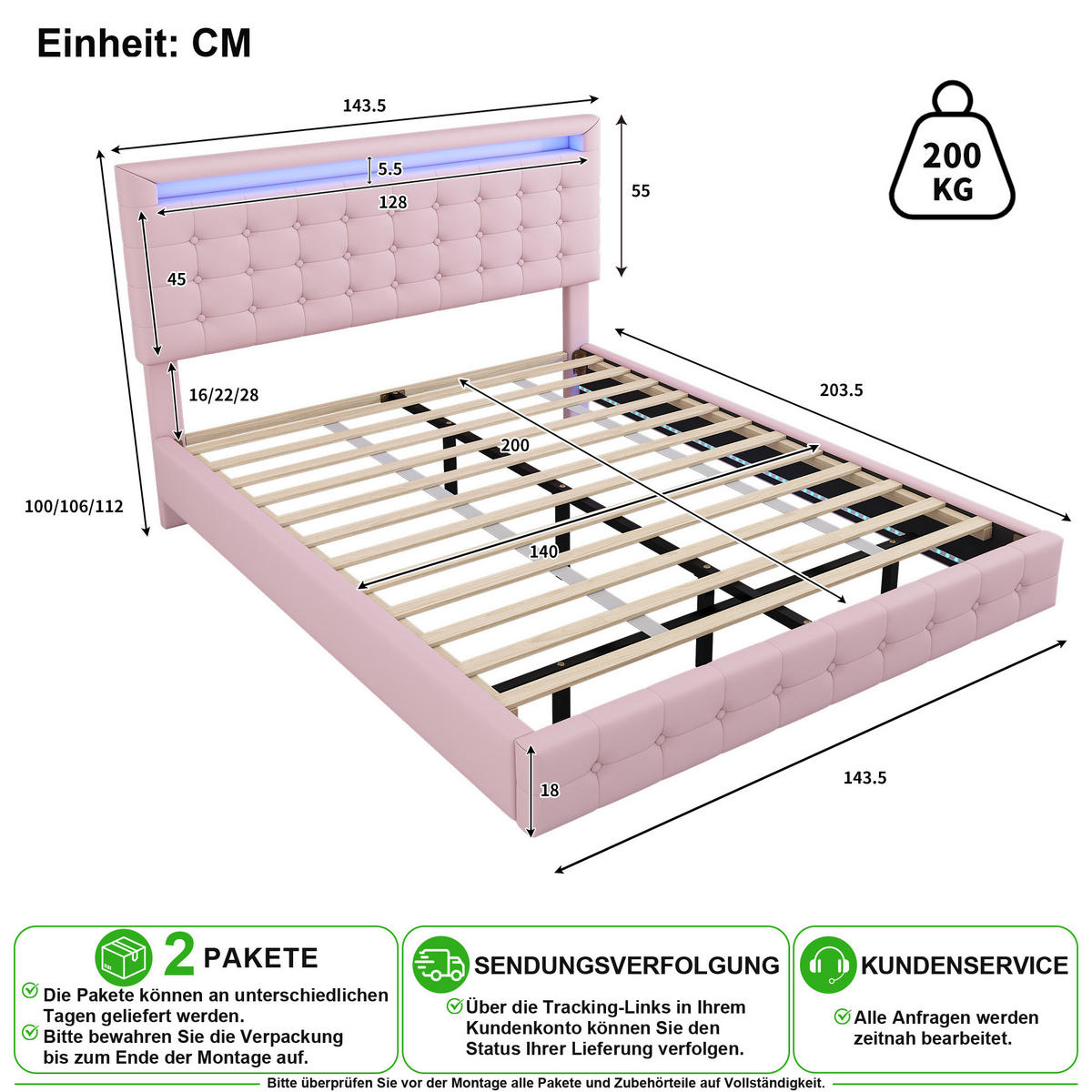 BETT 140/200 cm in Rosa mit LED und Verstellbarem Kopfteil aus PU - Rosa, Holzwerkstoff/Textil (140/200cm) - CHICFURN