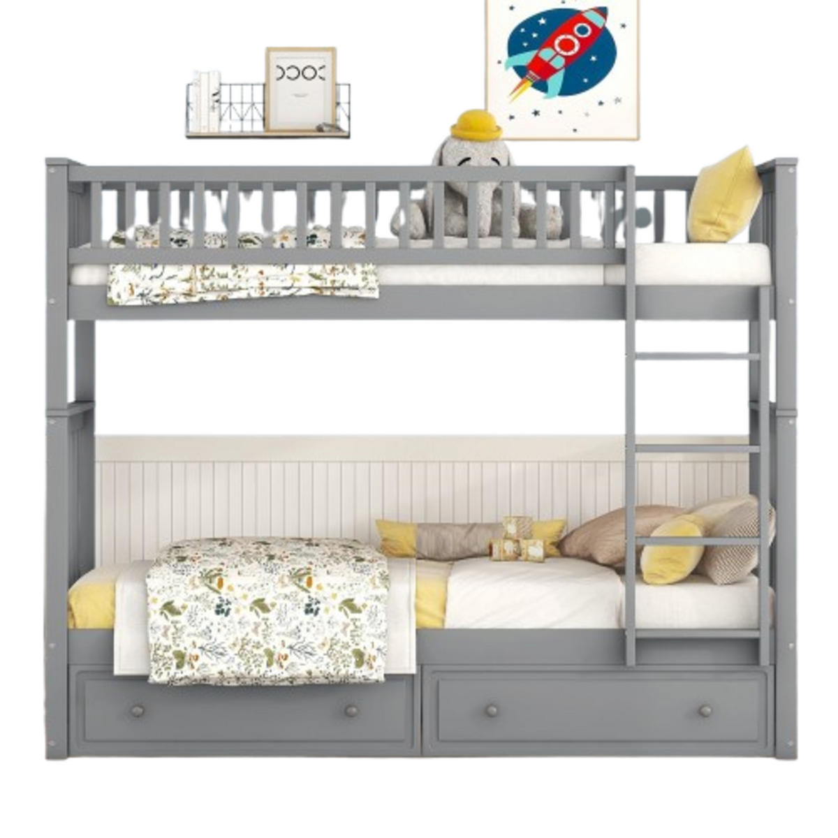 ETAGENBETT, mit 2 Schubladen, umbaubar und platzsparend, 90x200cm, Grau - Grau, Holz (90/200cm) - OKWISH