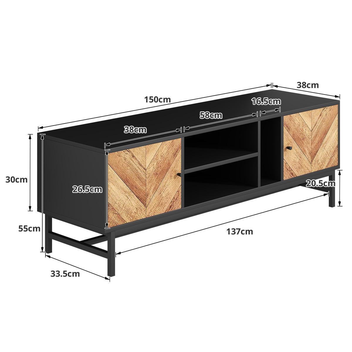TV-MÖBEL Schwarz und Holzoptik 150/38/55 cm - Schwarz, Holzwerkstoff (38/55/150cm) - Urban Meuble