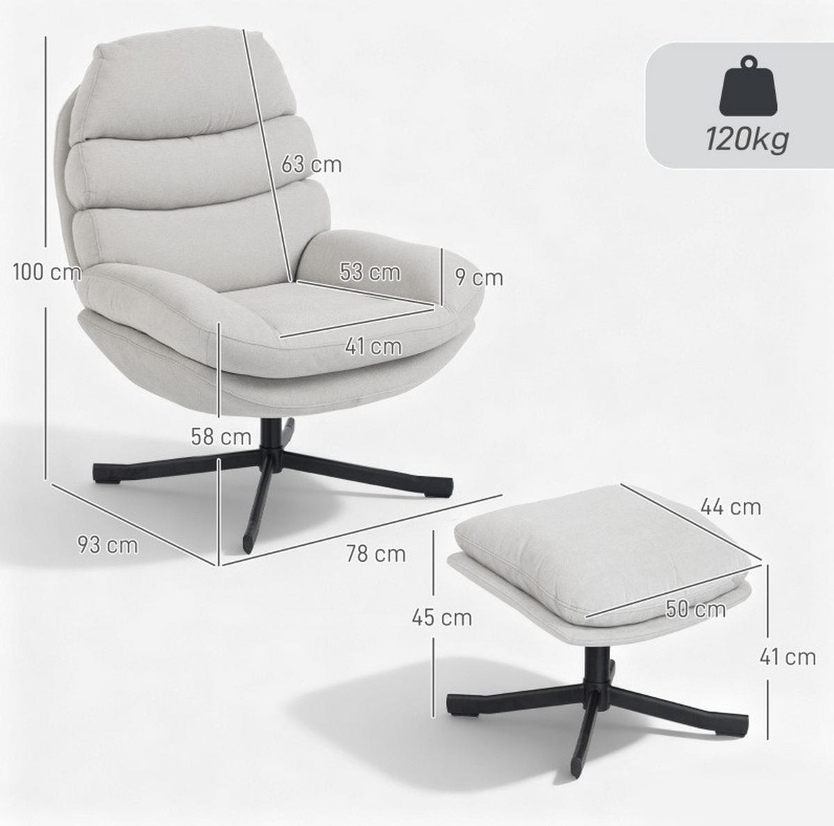 RELAXSESSEL 78/93/100 cm in Cremeweiß mit Hocker und 360°-Drehfunktion - Creme, Textil (78/100/93cm) - Flora Grace