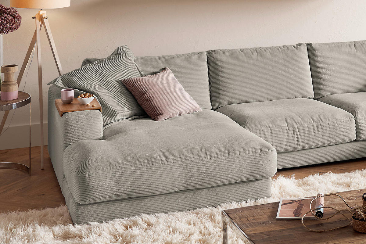 WOHNLANDSCHAFT MADELINE Granit Cord - Greige/Schwarz, Kunststoff/Textil (425/86/224cm) - KAWOLA