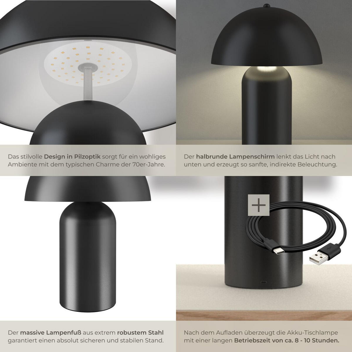 AKKU-TISCHLAMPE Kade,25 x 34 cm,schwarz - Schwarz, Metall (25/25/34cm) - tectake