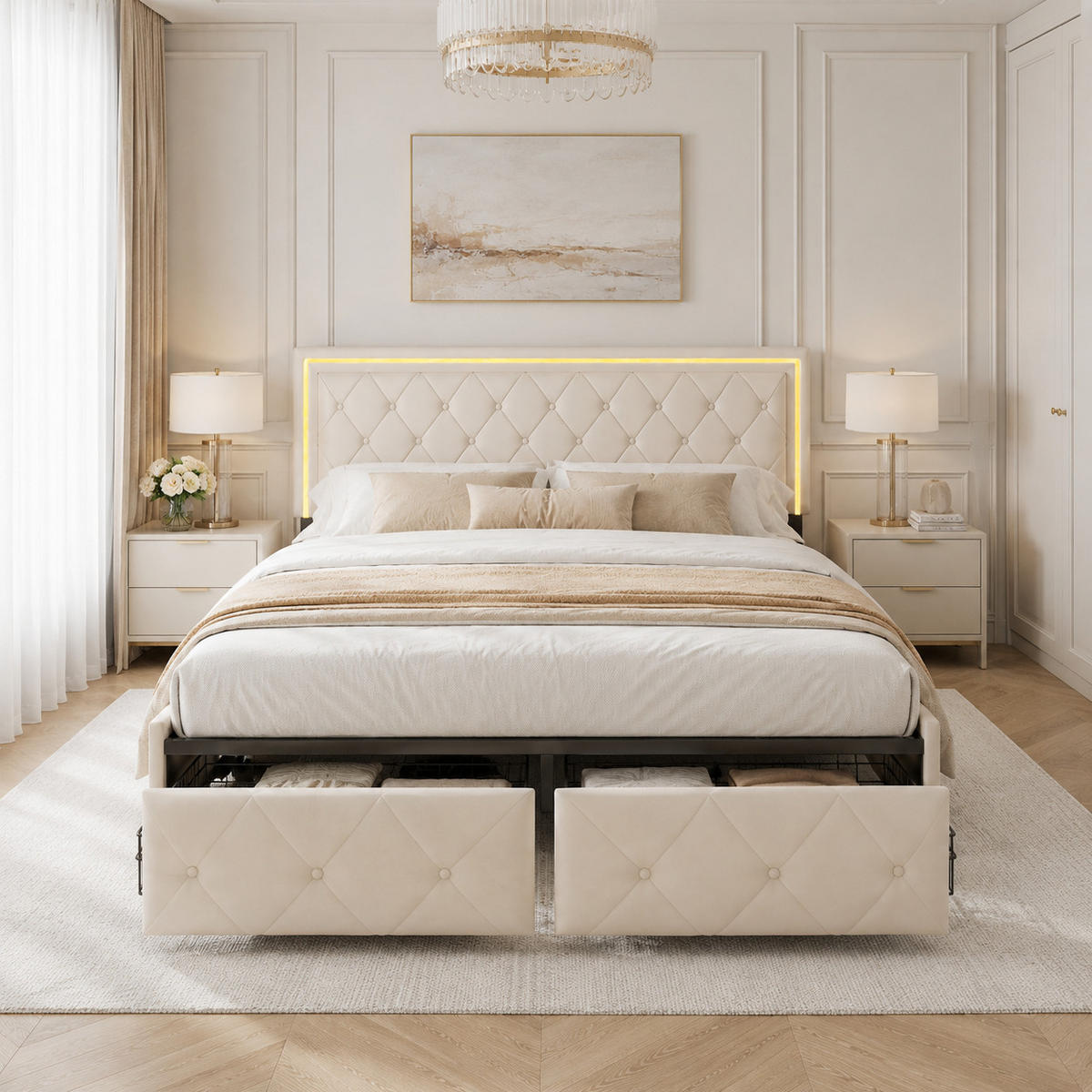 POLSTERBETT 140/200 cm Beige mit LED-Kopfteil, 4 Schubladen und Stauraum, Doppelbett gepolstert - Beige, Holz/Metall (140/200cm) - Joyfair