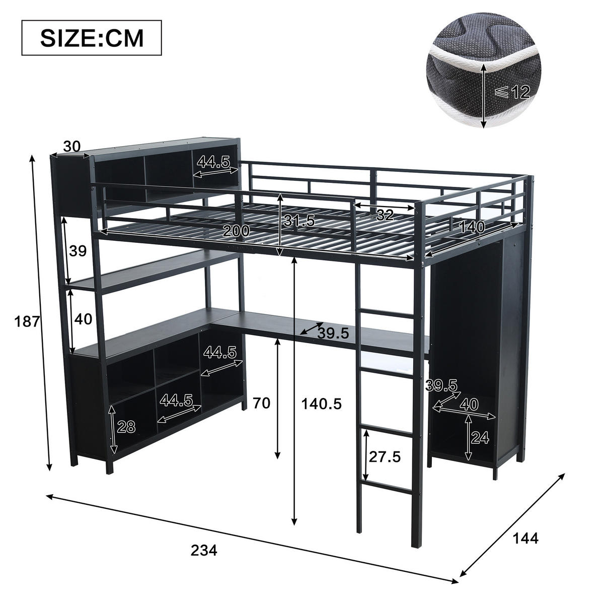 HOCHBETT aus Eisen und Spanplatte 140x200 cm Schwarz mit Schreibtisch, Kleiderschrank und Stauraum - Schwarz, Metall (140/200cm) - IVMEU