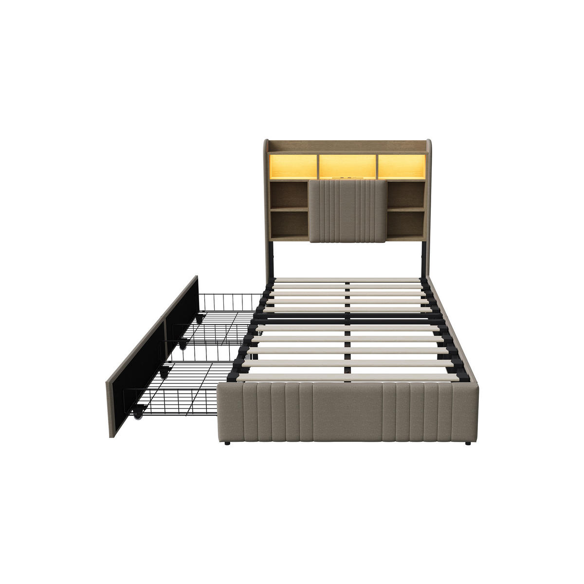 POLSTERBETT 90/200 cm Beige mit 2 Schubladen, LED-Kopfteil mit Ablage und USB - Beige, Metall (90/200cm) - EuroLiving