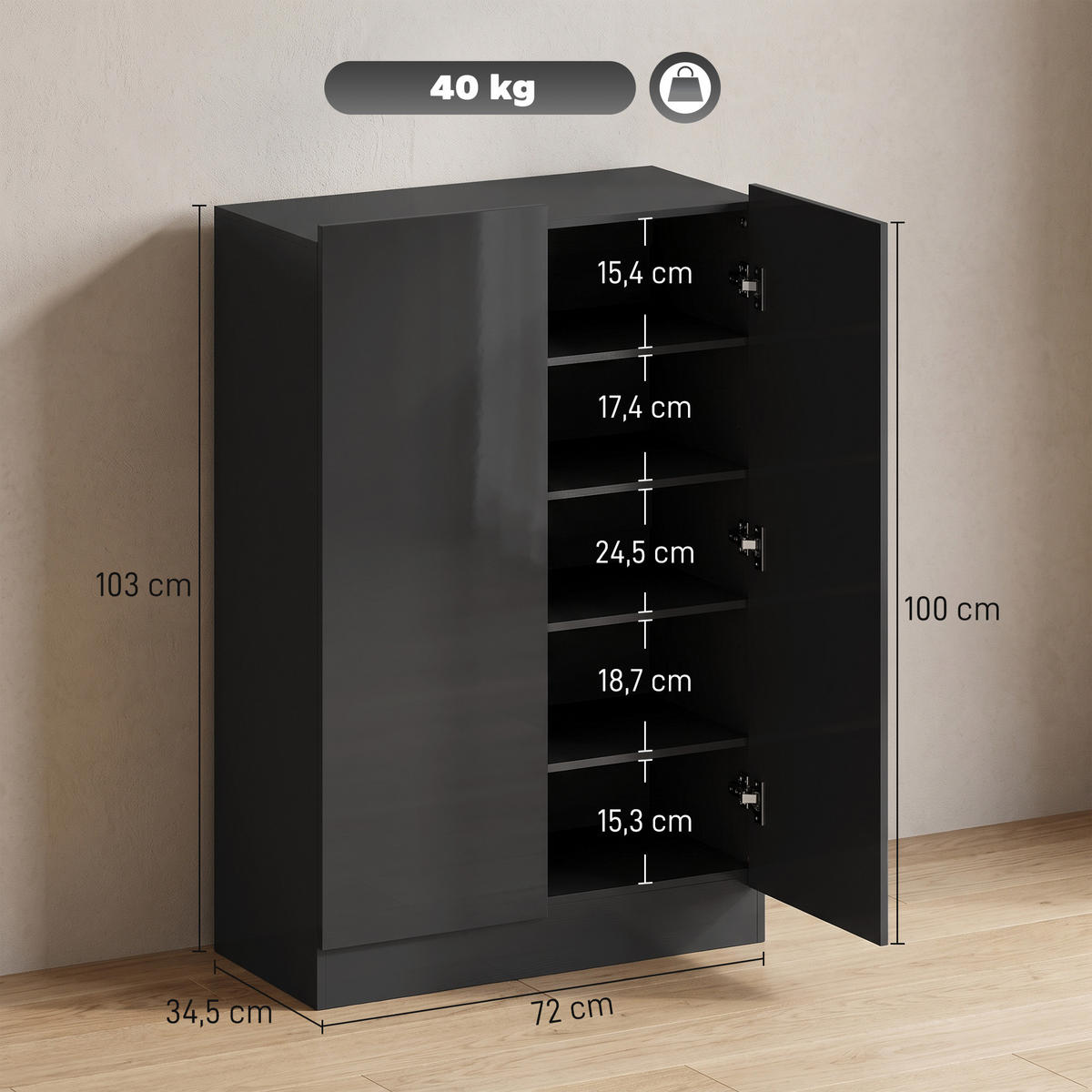 SCHUHSCHRANK Schwarz 34.0/72.0/103.0 cm - Schwarz, Holzwerkstoff (72/103/34cm)