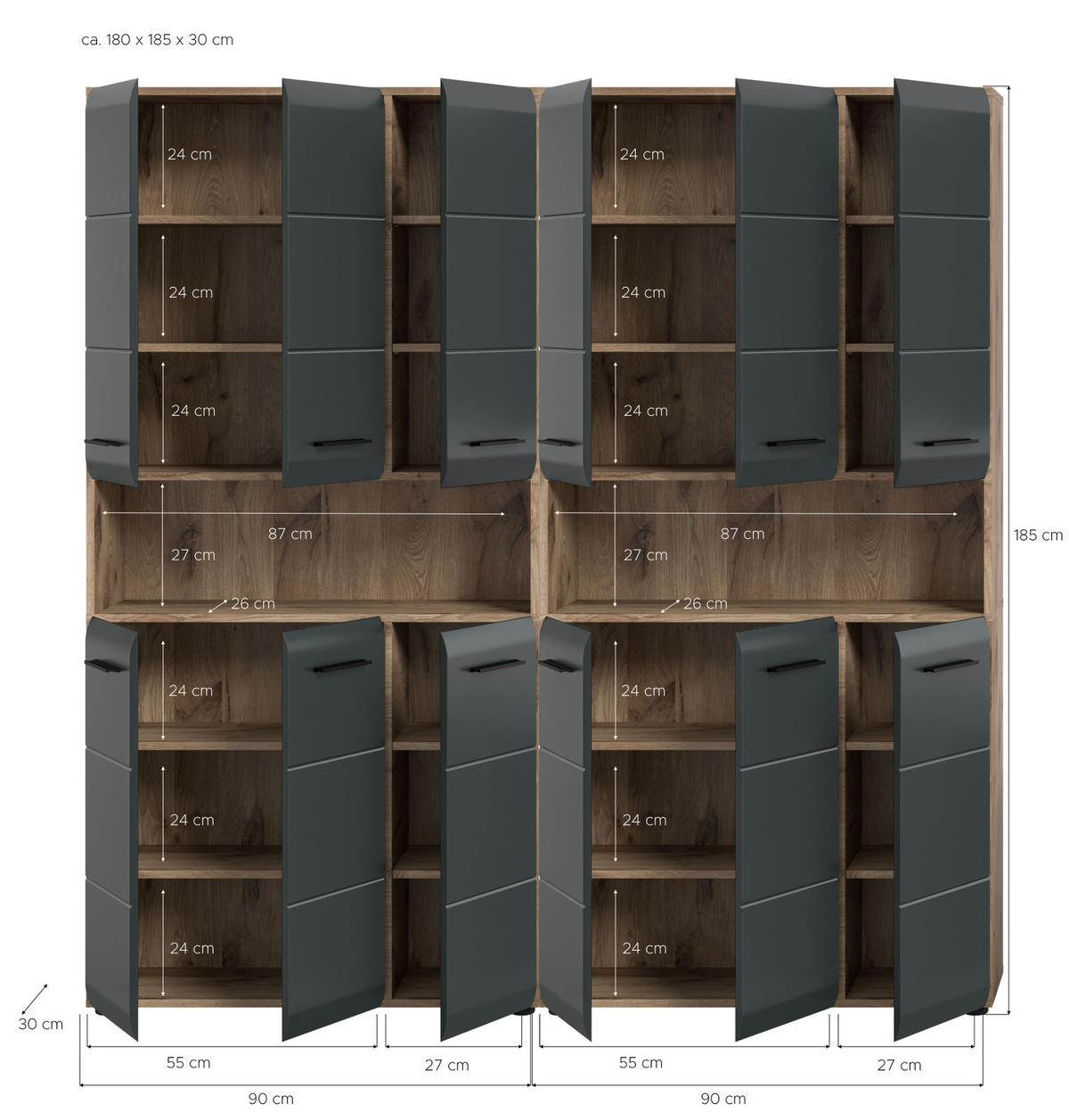 HOCHSCHRANK Badschrank Set Schwarz matt, Eiche 2x Mehrzweckschrank, 12-türig gesamt 180 x 185 cm - Eichefarben/Schwarz, Holzwerkstoff/Kunststoff (180/185/30cm) - Inn.Furn