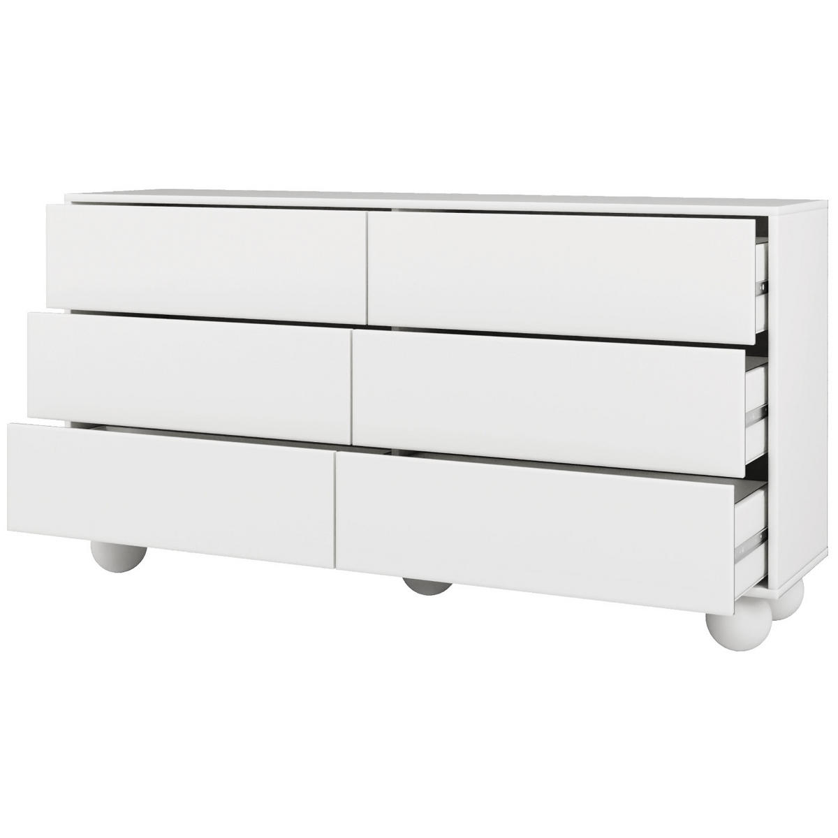 KOMMODE Adel mit 6 Schubladen und runden Füßen, 154 cm, Griffloss, Weiß - Weiß, Holzwerkstoff (154/81/38cm) - Beautysofa