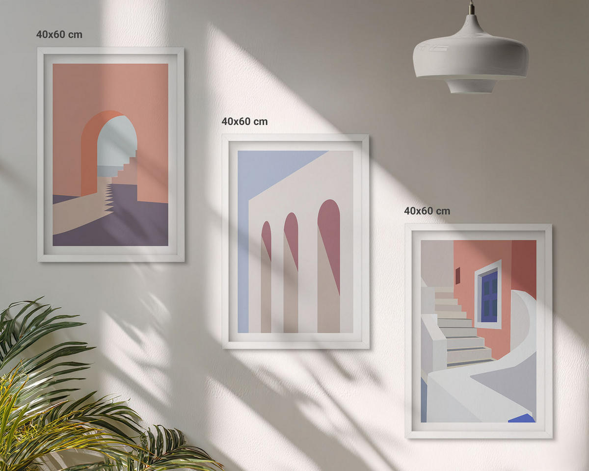 WANDBILDER 3er-Set - 40x60 cm Weißer Rahmen - Minimalistische Architekturillustrationen - Weiß, Kunststoff (40/60cm) - ArtPrintCave