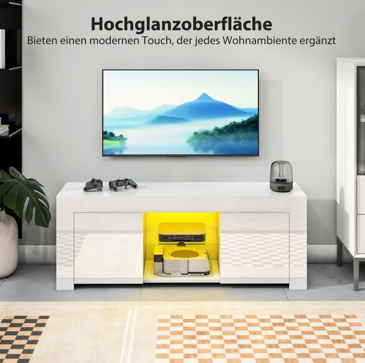 LOWBOARD 120/34/45 cm in Weiß mit LED-Beleuchtung und Glasablage - Weiß, Glas (120/45/34cm) - Flora Grace