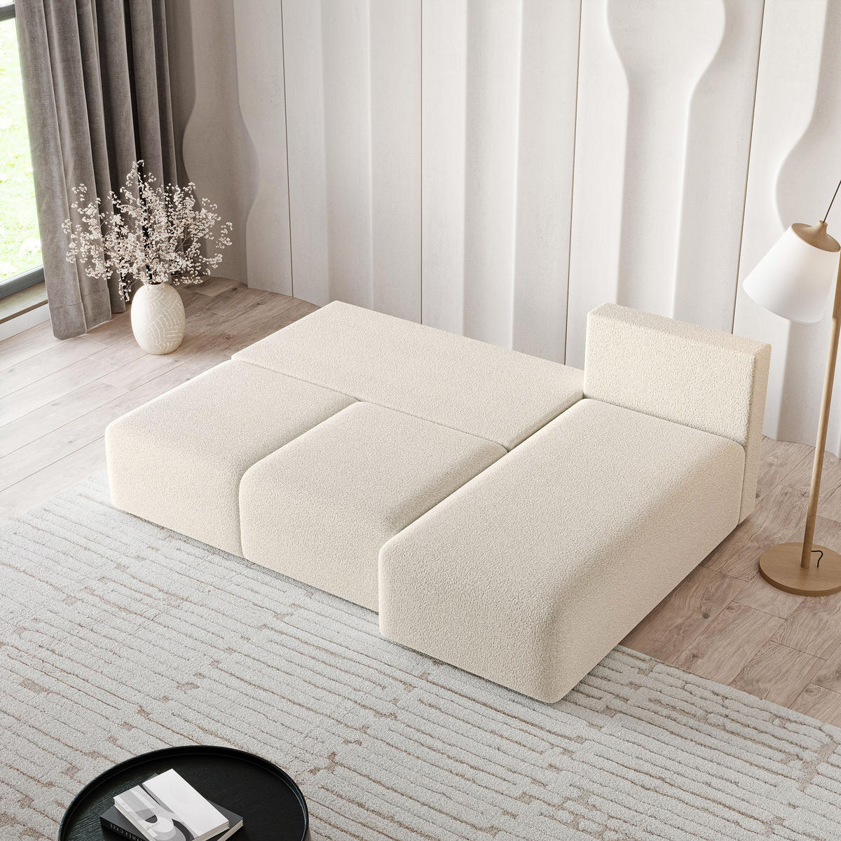 ECKSOFA TRAMA Creme Boucle-Stoff mit Schlaffunktion - Creme, Holz (200/143cm) - MASSENO