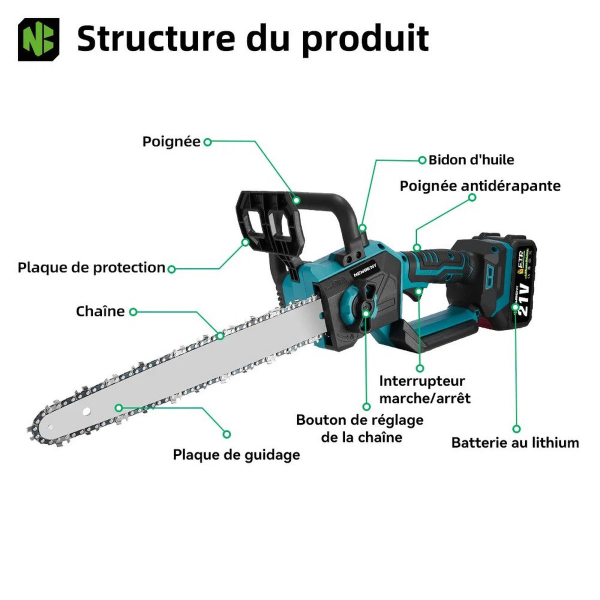 KETTENSÄGE 12-Zoll-bürstenlose elektrische mit LED-Anzeige Mit 2 Batterien - Blau, Metall (16.5/7/63cm) - Coonoor