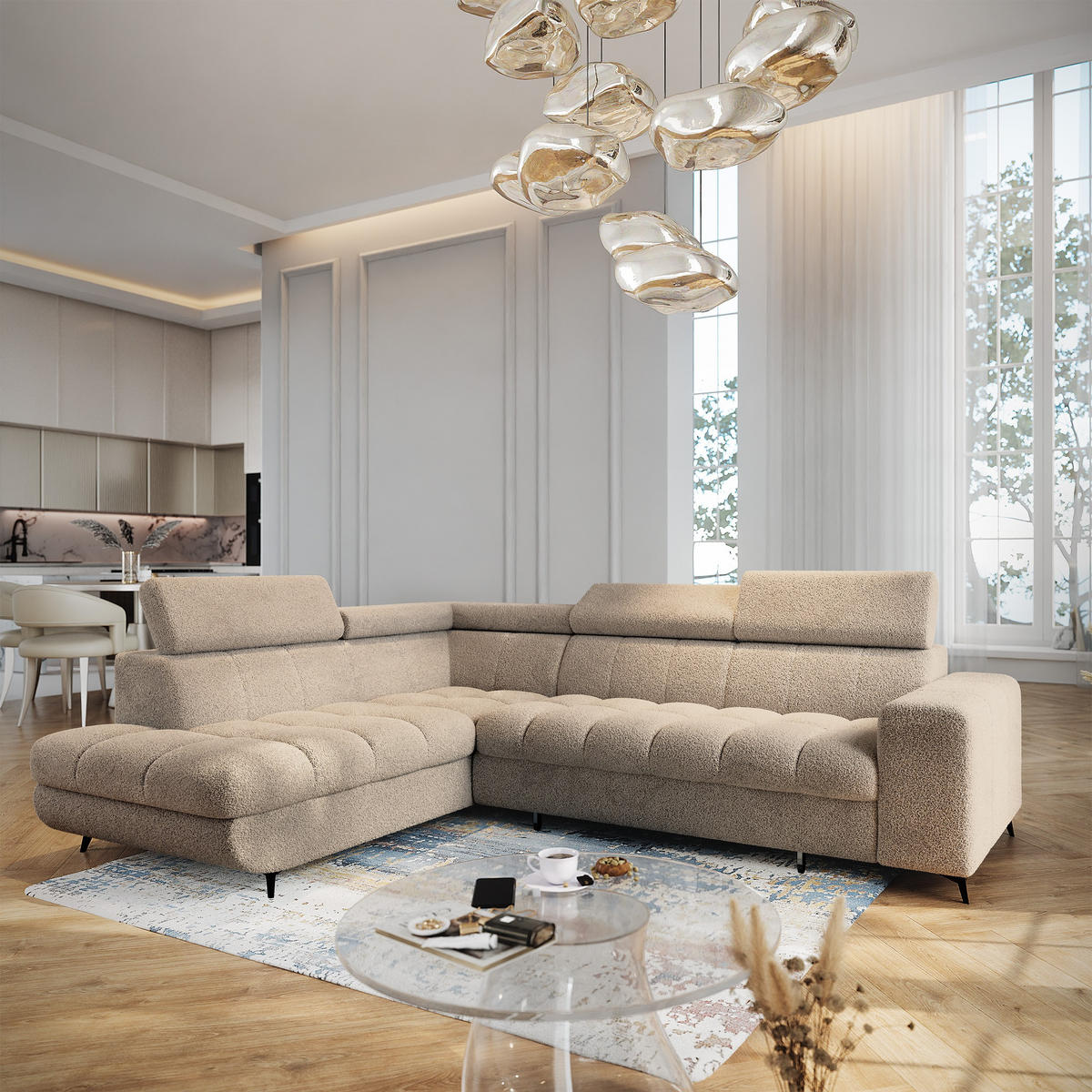 ECKSOFA MORIVA Q L-S Beige Boucle-Stoff mit Schlaffunktion - Beige, Holzwerkstoff/Textil (253/190cm) - MASSENO