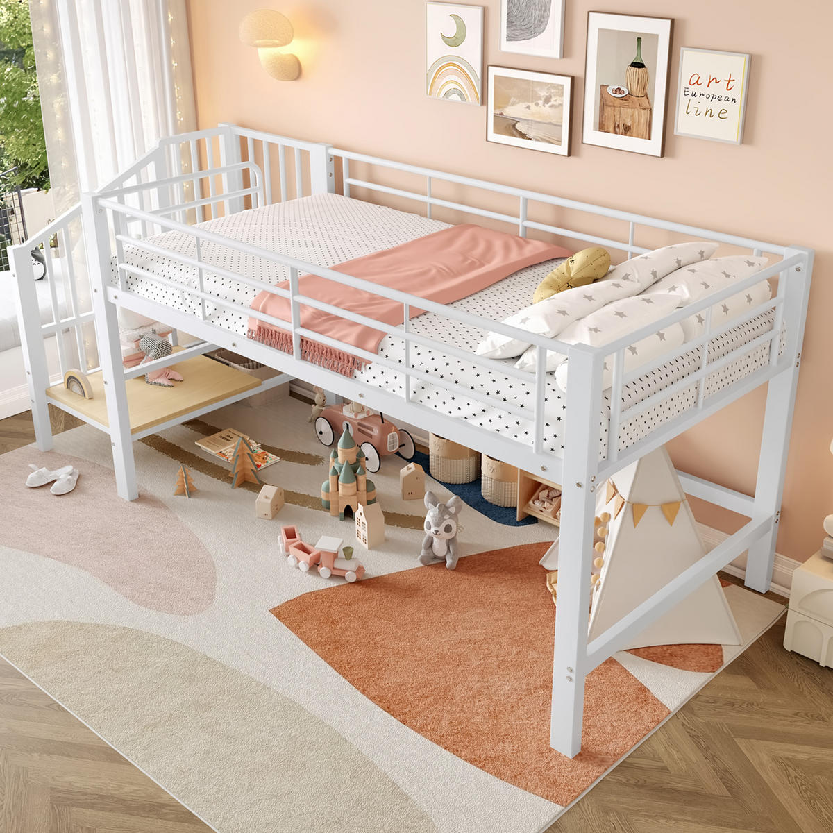 HOCHBETT 90/200 cm in Weiß mit Stauraumtreppe aus MDF & Metall - Weiß, Holzwerkstoff/Metall (90/200cm) - CHICFURN
