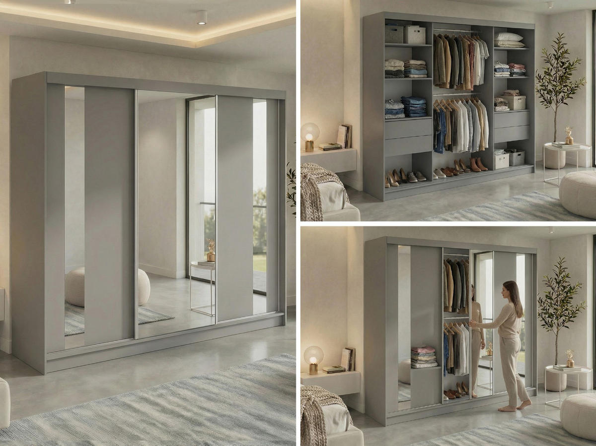 SCHWEBETÜRENSCHRANK mit Schubladen 240 - GRECJA - Grau mit Spiegel - Alufarben/Grau, Holzwerkstoff/Metall (240/216/61cm) - MKS