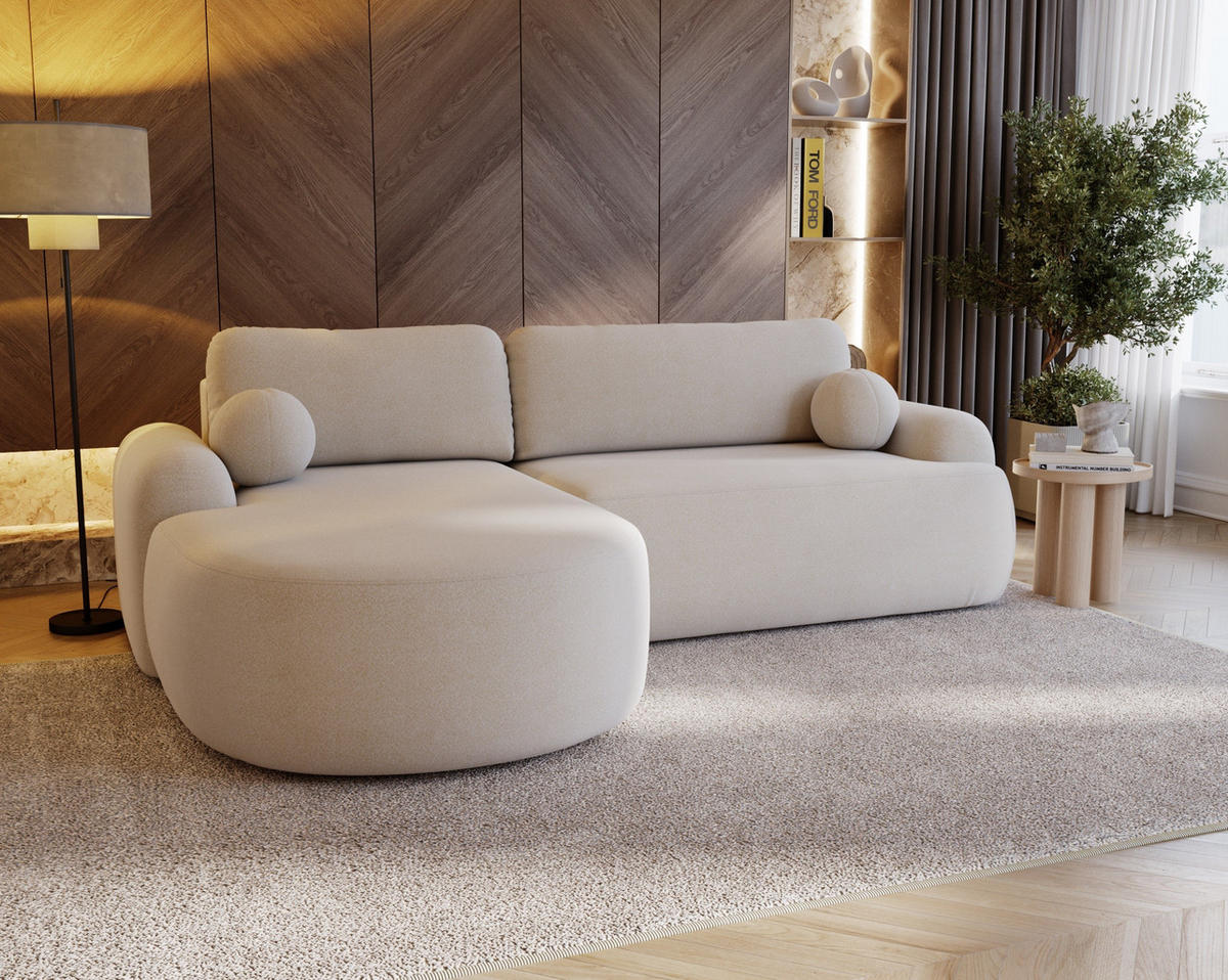 ECKSOFA Cloudy Creme, Sofa aus Boucle-Stoff mit Kissen, linke seite - Creme, Holzwerkstoff/Textil (177/261cm) - Bettso