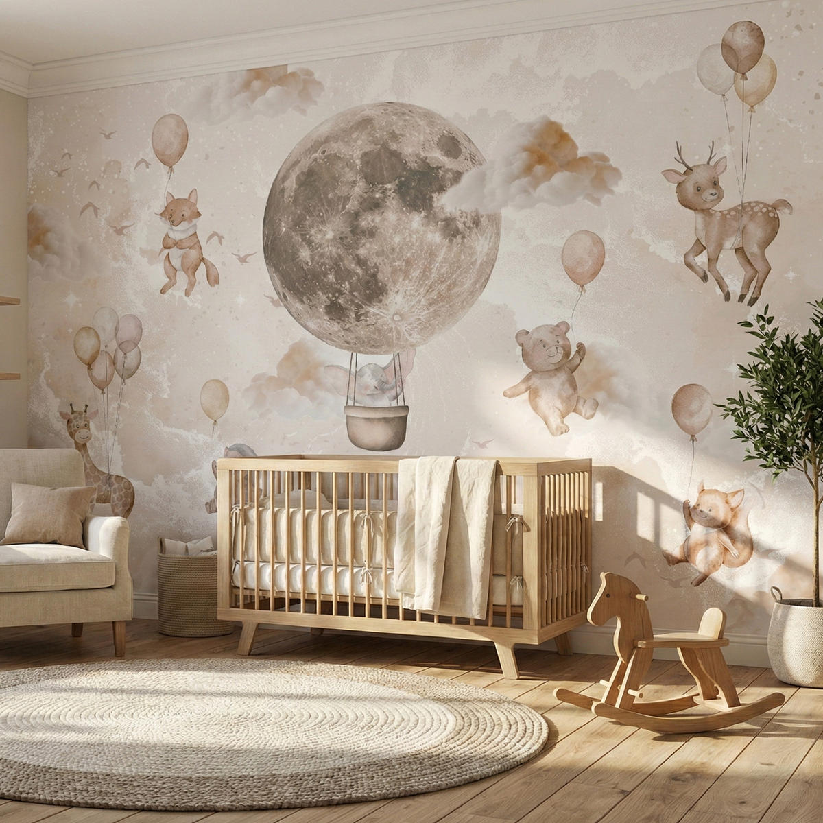 FOTOTAPETE für Kinderzimmer Mond Ballons Bär Rehkitz Giraffe Wolken 200x140 - Beige/Rosa, Papier (200/140cm) - Muralo