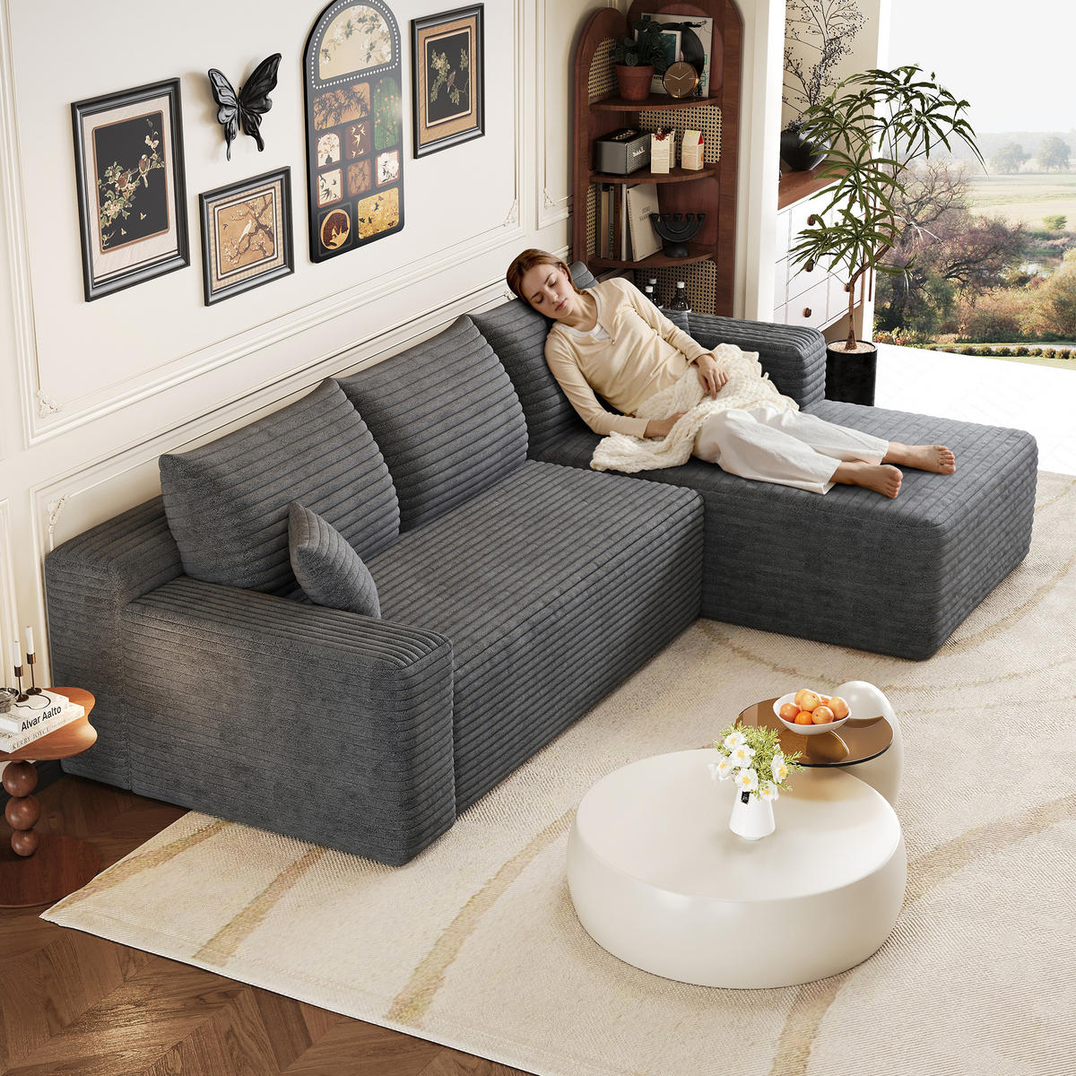 ECKSOFA Cord Dunkelgrau - Grau, Textil (241/151cm) - WISHDOR