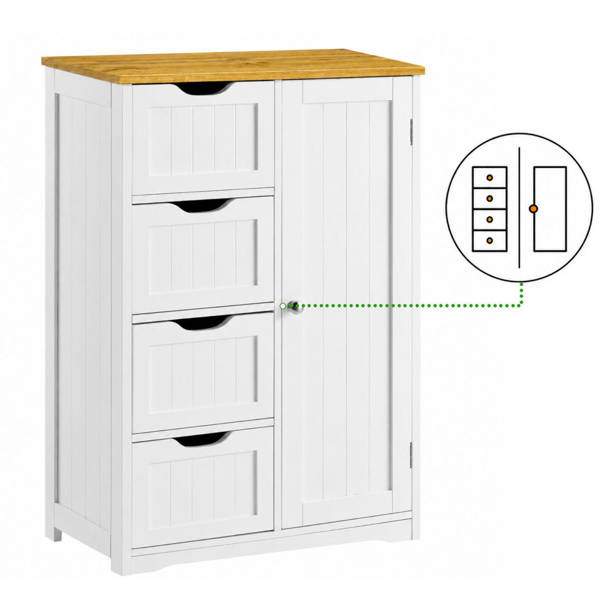 BADEZIMMERSCHRANK MDF Weiß Eiche 4 Schubladen 1 Tür 60x30x80 cm - Weiß, Holzwerkstoff (60/80/30cm) - Begryf