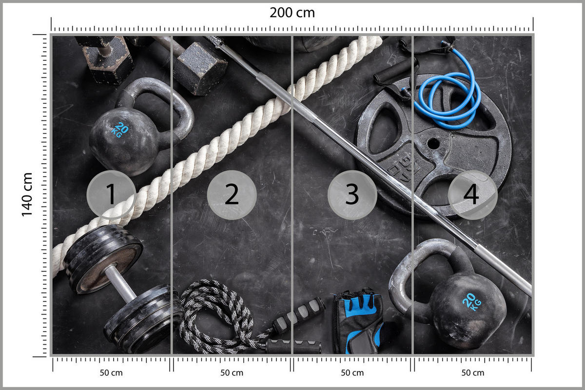 FOTOTAPETE für Fitnessstudio Sportgeräte zum Trainieren Kettlebells Hanteln 200x140 - Blau/Creme, Papier (200/140cm) - Muralo