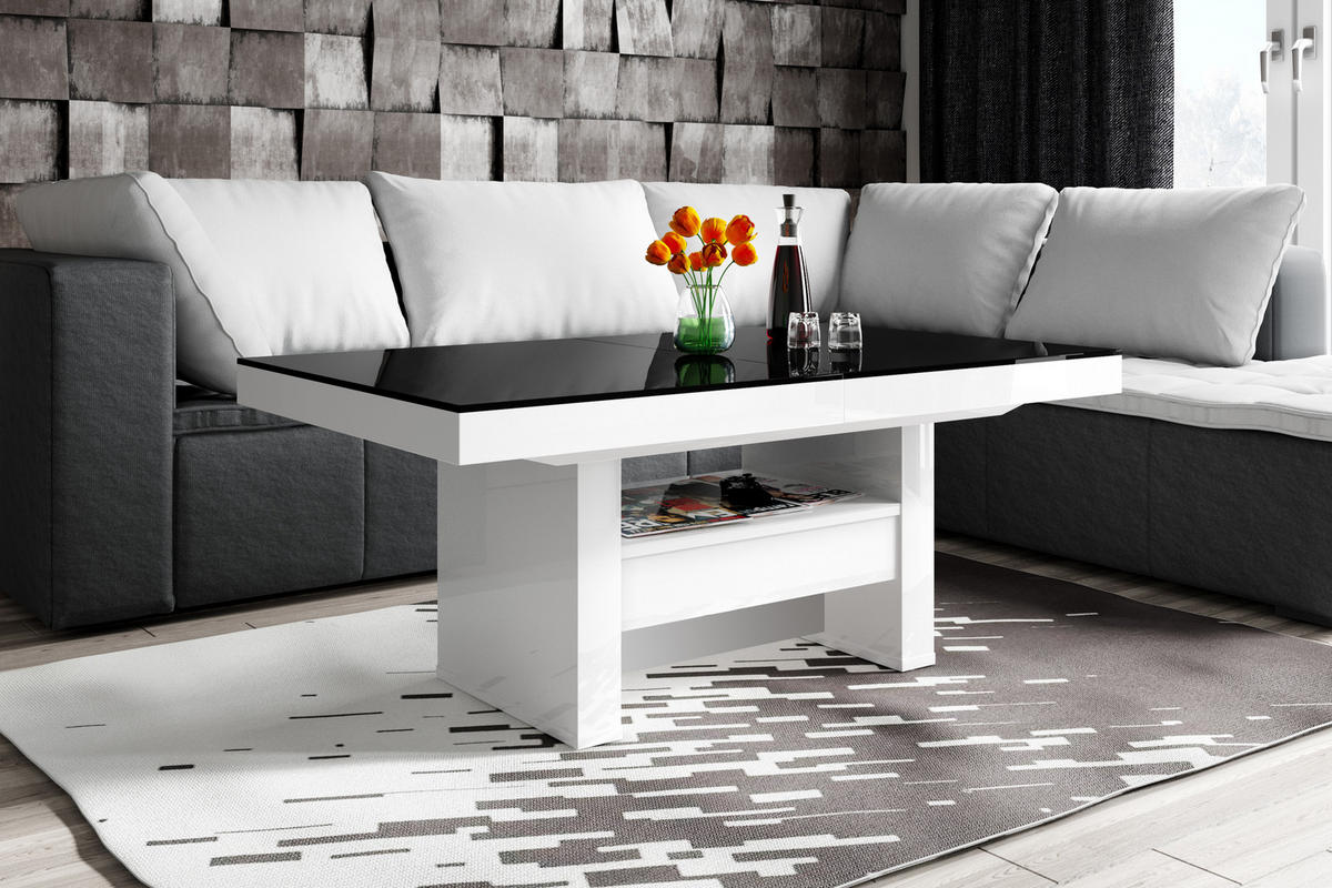 COUCHTISCH rechteckig Schwarz Weiß Hochglanz Höhenverstellbar ausziehbar 12/75/55 cm - Schwarz Hochglanz/Weiß Hochglanz, Holzwerkstoff (75/120/55cm)