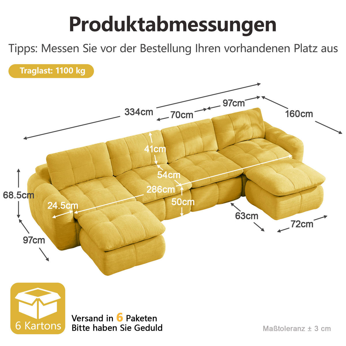 WOHNLANDSCHAFT DE-34464 U-Form mit 2 Ottomanen und Karostepp Gelb - Gelb, Textil (160/68.5/334cm) - ComfortXL