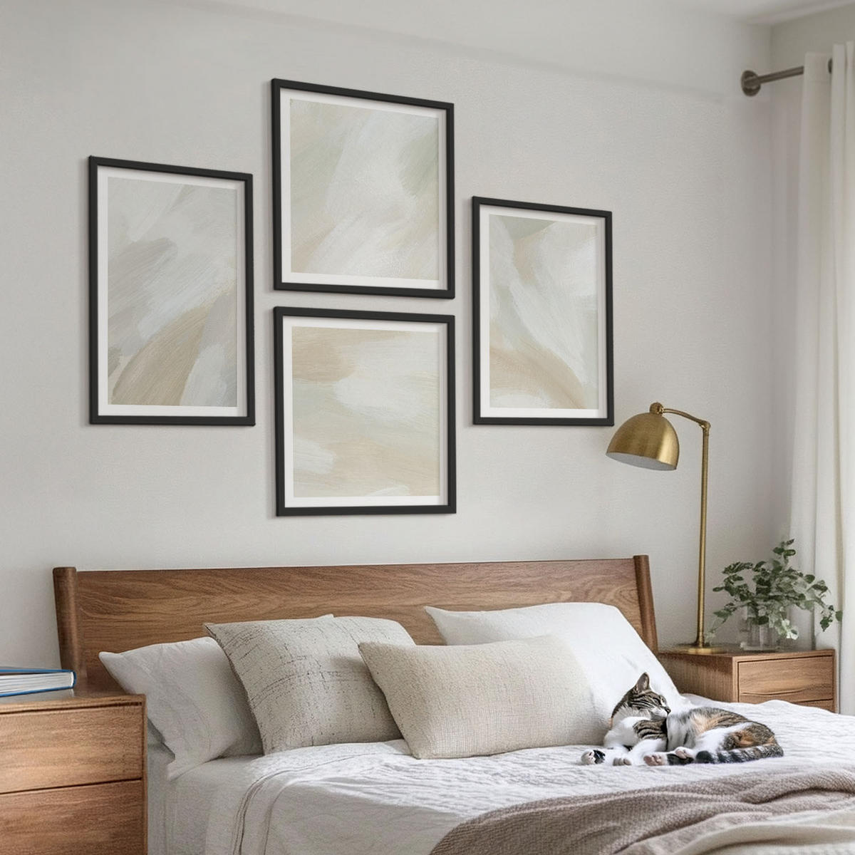 WANDBILDER 4er-Set - 50x50 cm & 40x60 cm Schwarzer Rahmen - Abstrakte Pinselmalerei auf Leinwand - Schwarz, Kunststoff (50/50cm) - ArtPrintCave