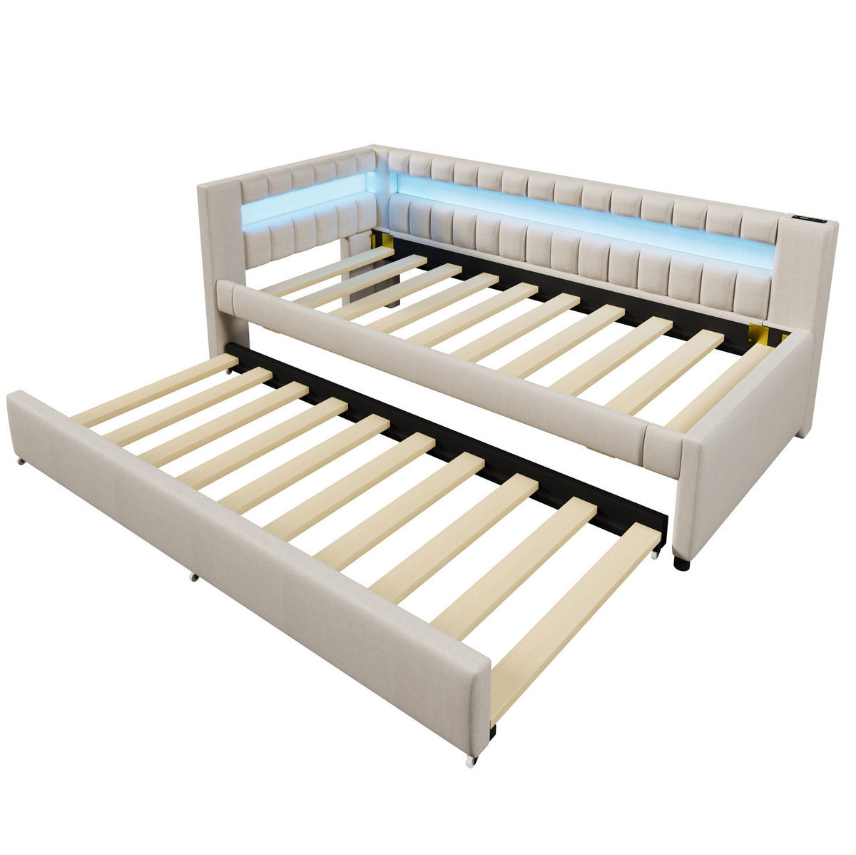 POLSTERBETT 90/200 cm Beige aus Leinen mit Ausziehbett und LED-Lichtleiste - Beige, Textil (90/200cm) - OKMYHOME