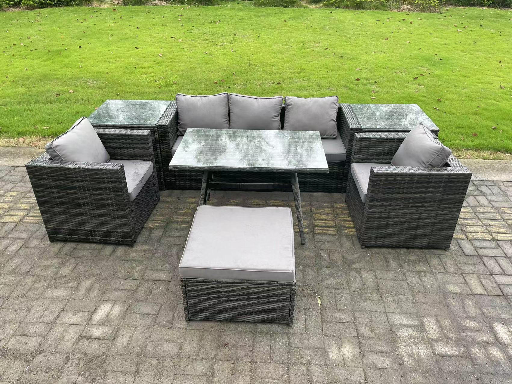 GARTENMÖBELSET mit 2 Beistelltischen 6-Sitzer Grau - Dunkelgrau/Grau, Glas/Kunststoff - Fimous