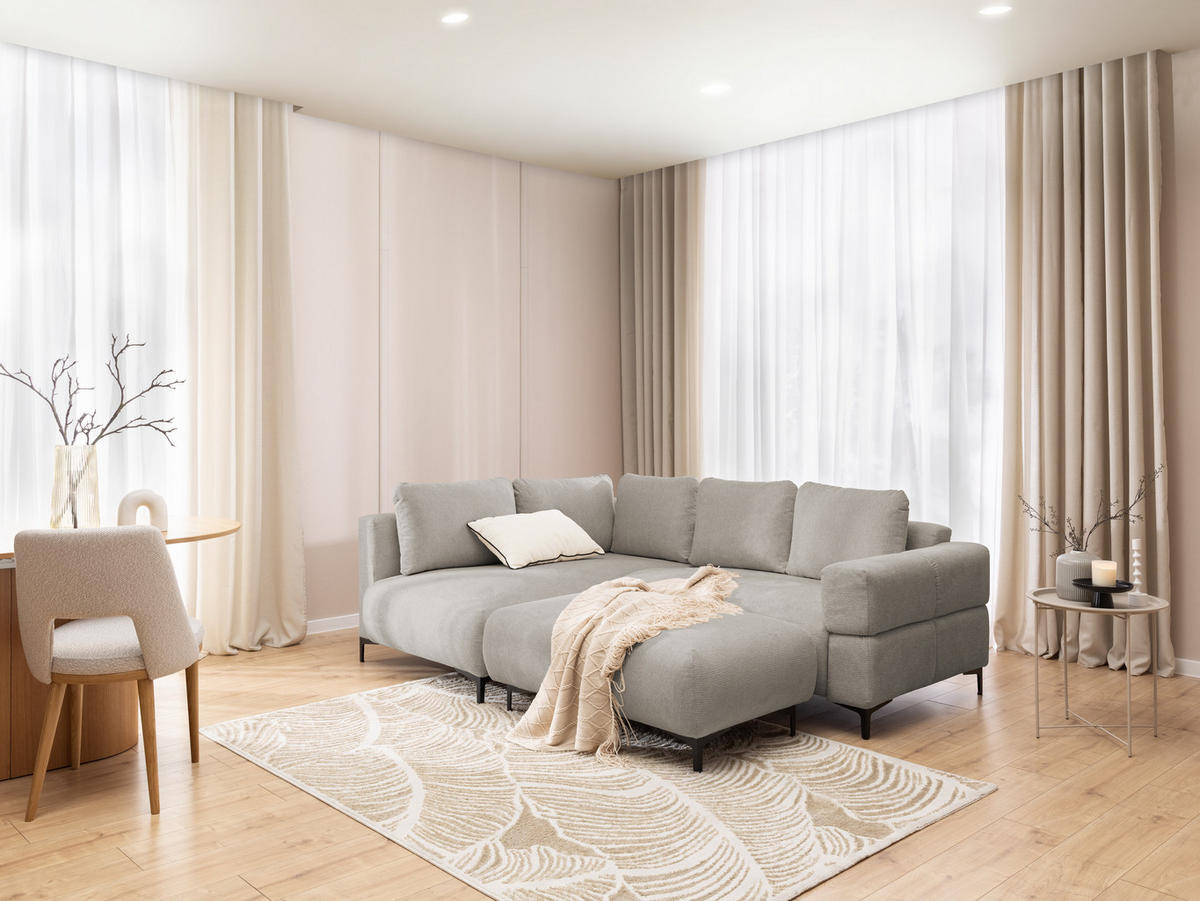 POLSTERHOCKER Cardea in Bubble-Optik aus weichem Taupe Strukturstoff mit hohem Sitzkomfort - Taupe/Schwarz, Holz/Textil (110/46/65cm) - S-Style Möbel