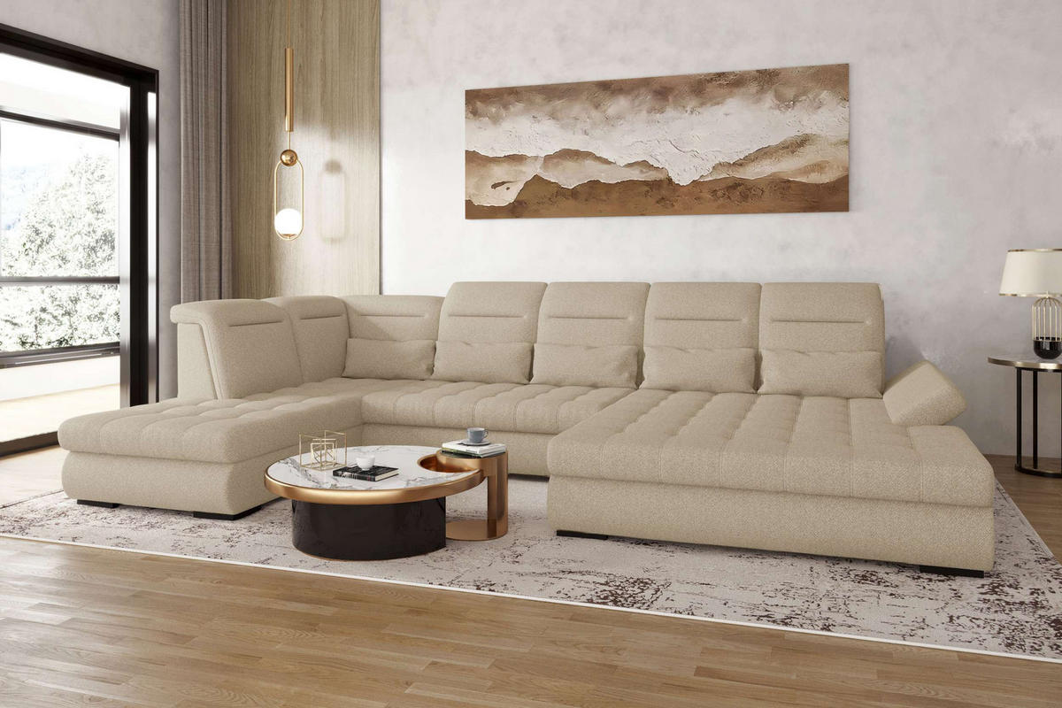 WOHNLANDSCHAFT Toscana Velours inkl. Schlaffunktion - Creme, Textil (358/87/208cm) - 99rooms