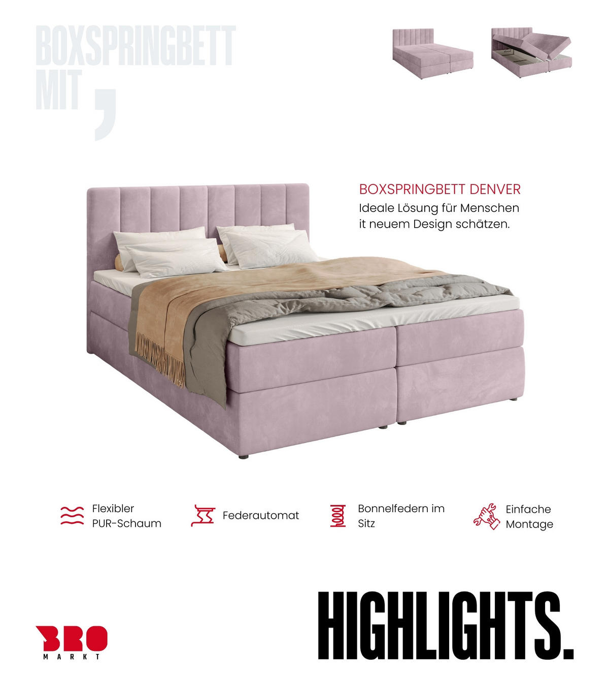 BOXBETT Denver mit Topper 160/200 Rosa - Rosa, Holzwerkstoff/Textil (160/200cm) - Bromarkt